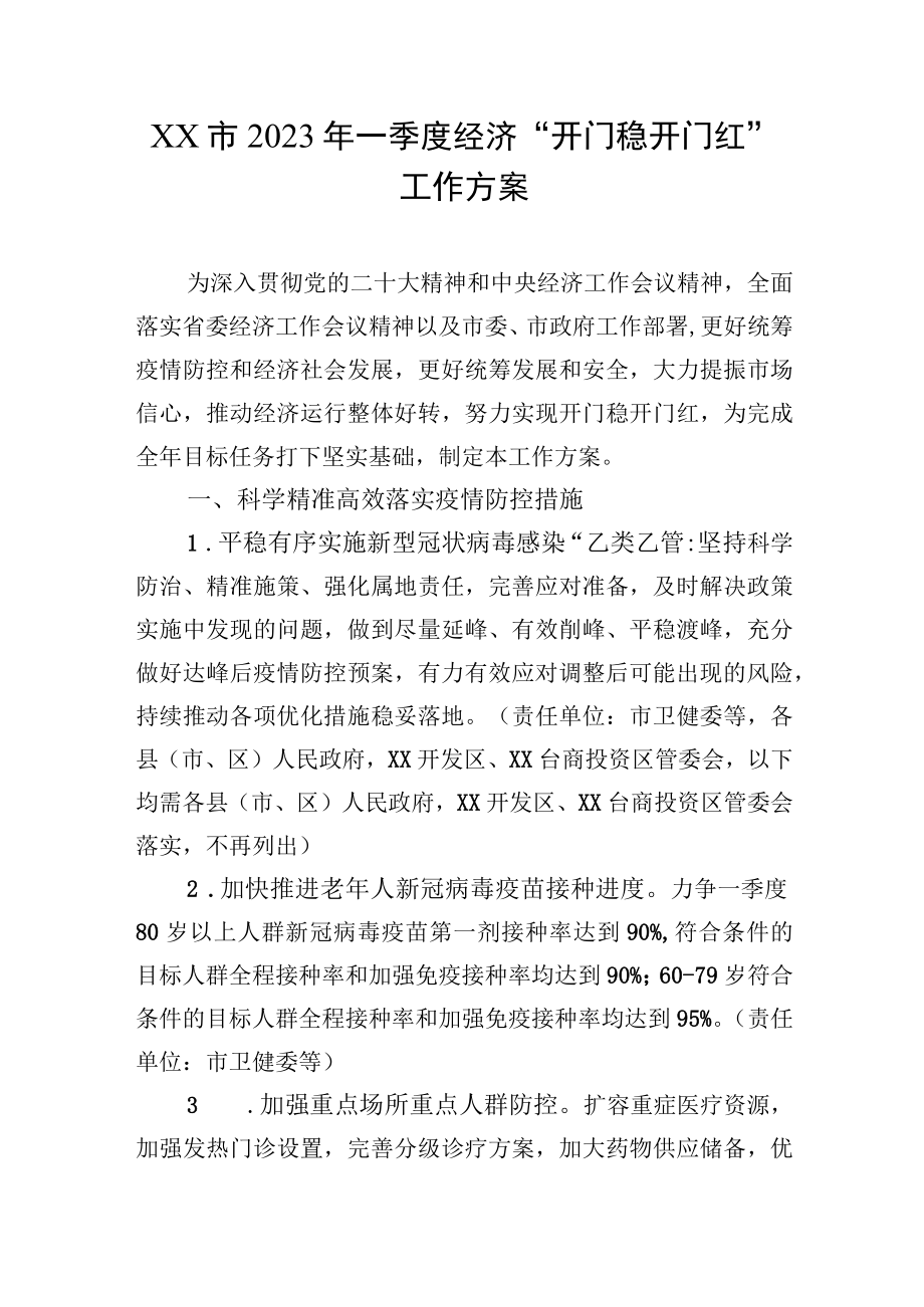 XX市2023年一季度经济开门稳开门红工作方案.docx_第1页