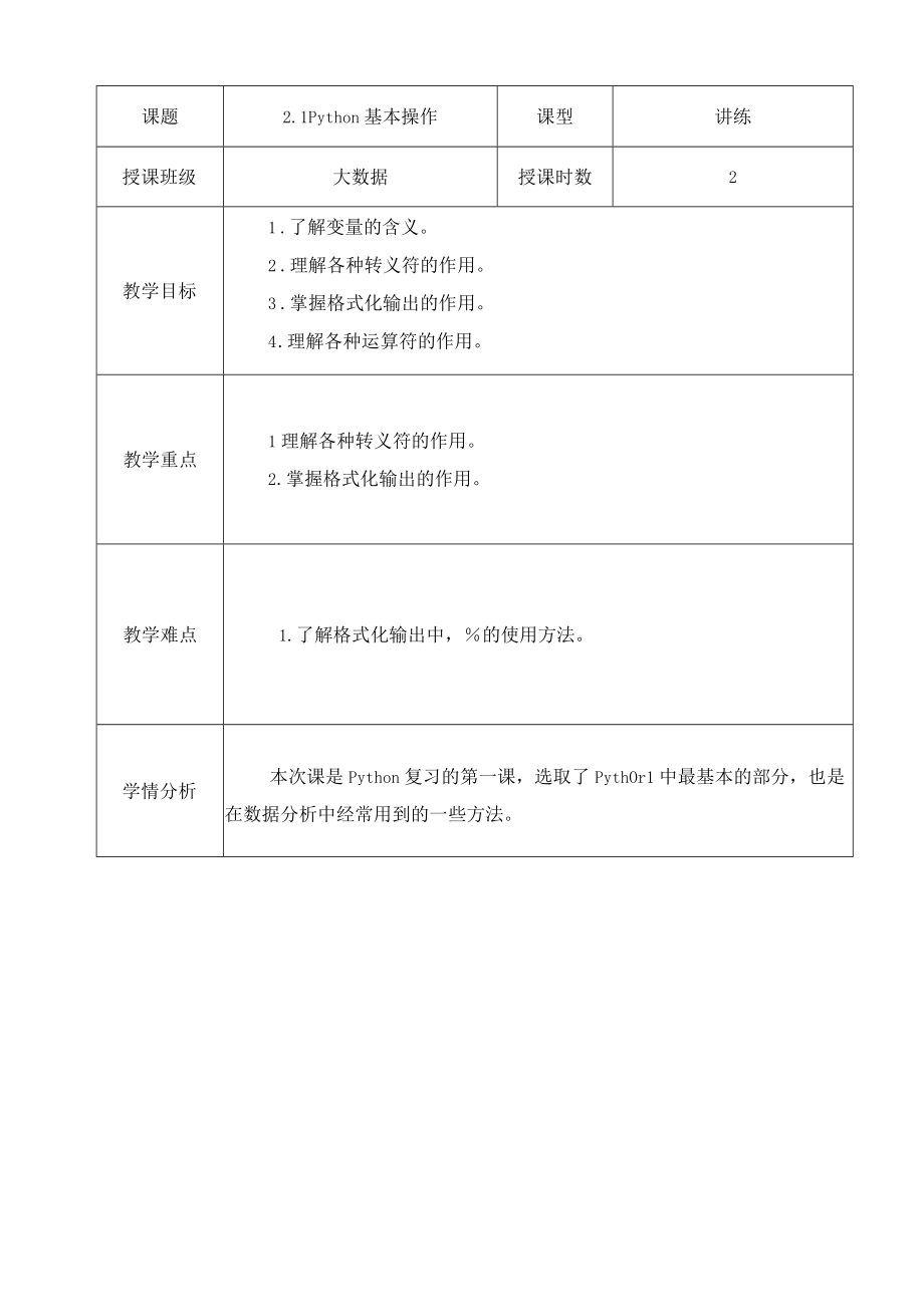 Python数据分析与可视化 教案 电子 第2章 Python基础.docx_第1页