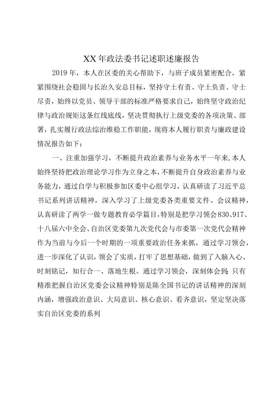 XX年政法委书记述职述廉报告.docx_第1页