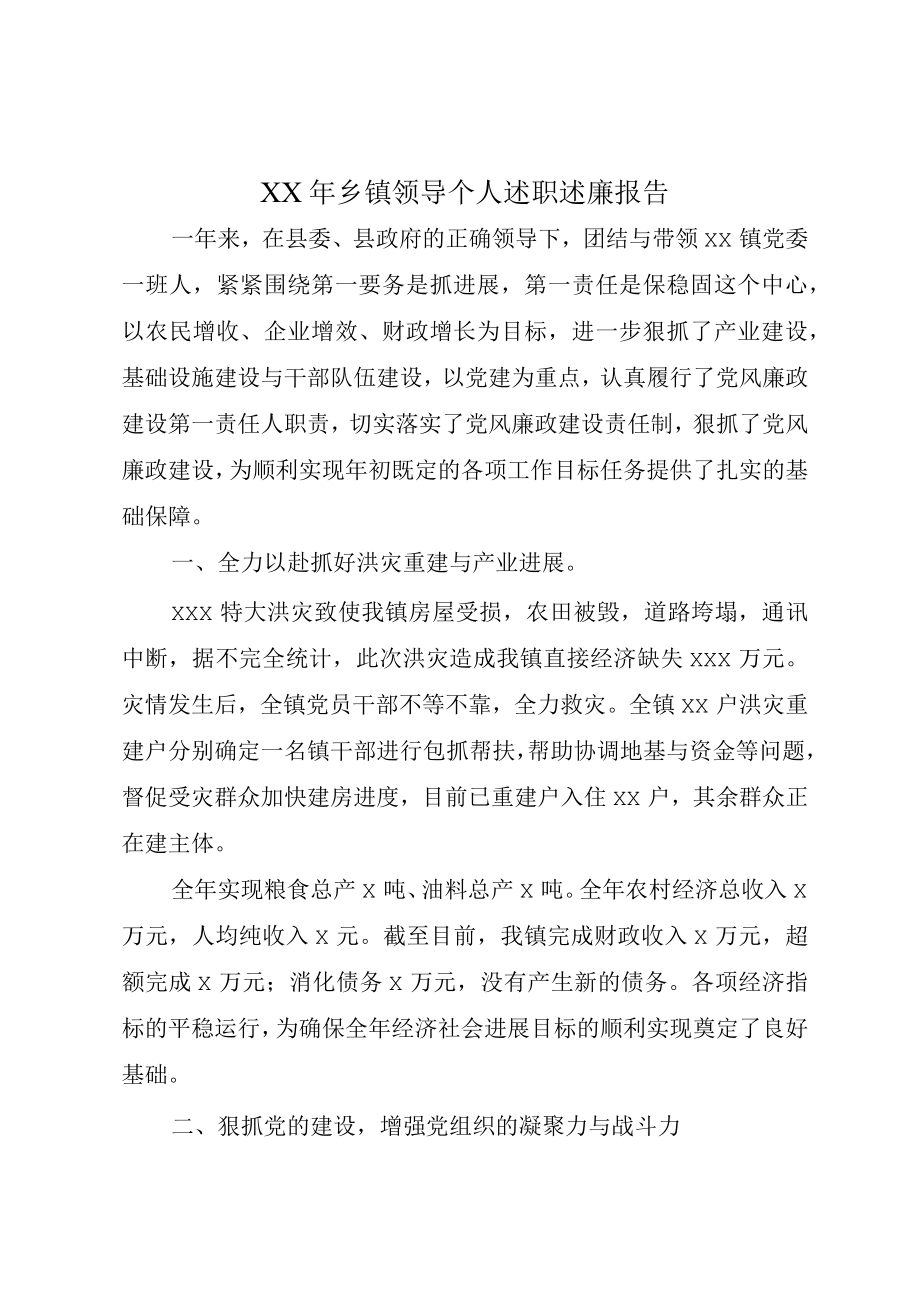 XX年乡镇领导个人述职述廉报告.docx_第1页