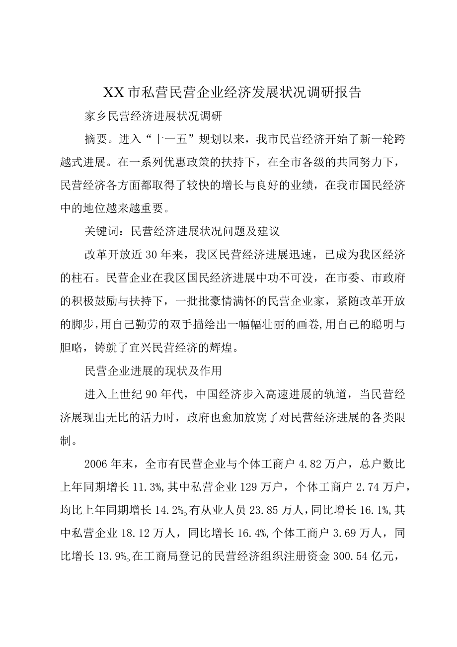 XX市私营民营企业经济发展状况调研报告.docx_第1页