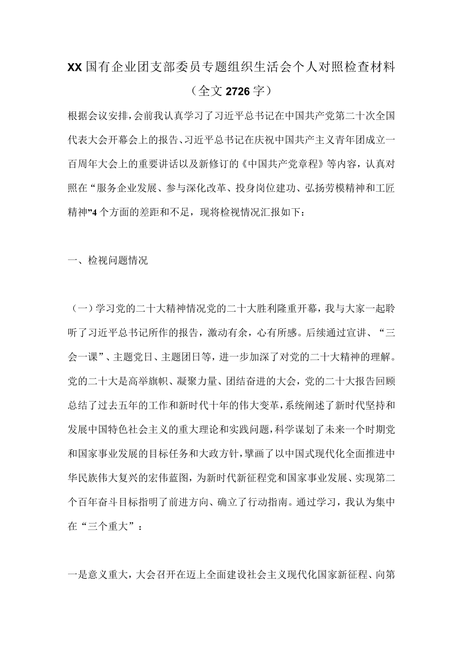 XX国有企业团支部委员专题组织生活会个人对照检查材料(全文2726字.docx_第1页