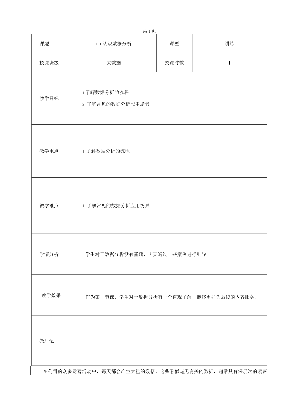 Python数据分析与可视化 教案 电子 第1章 数据分析概述.docx_第1页