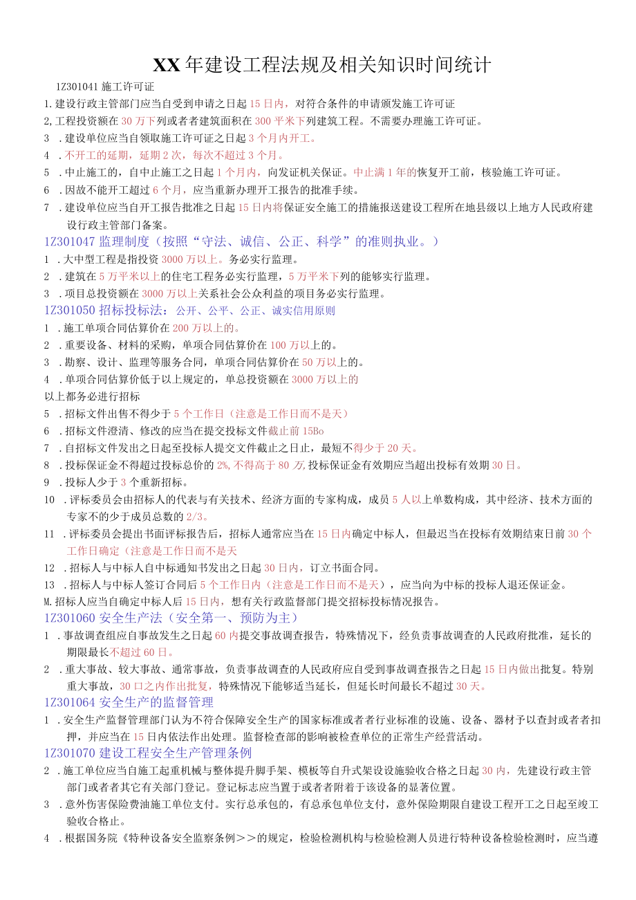 XX年建设工程法规及相关知识时间统计.docx_第1页