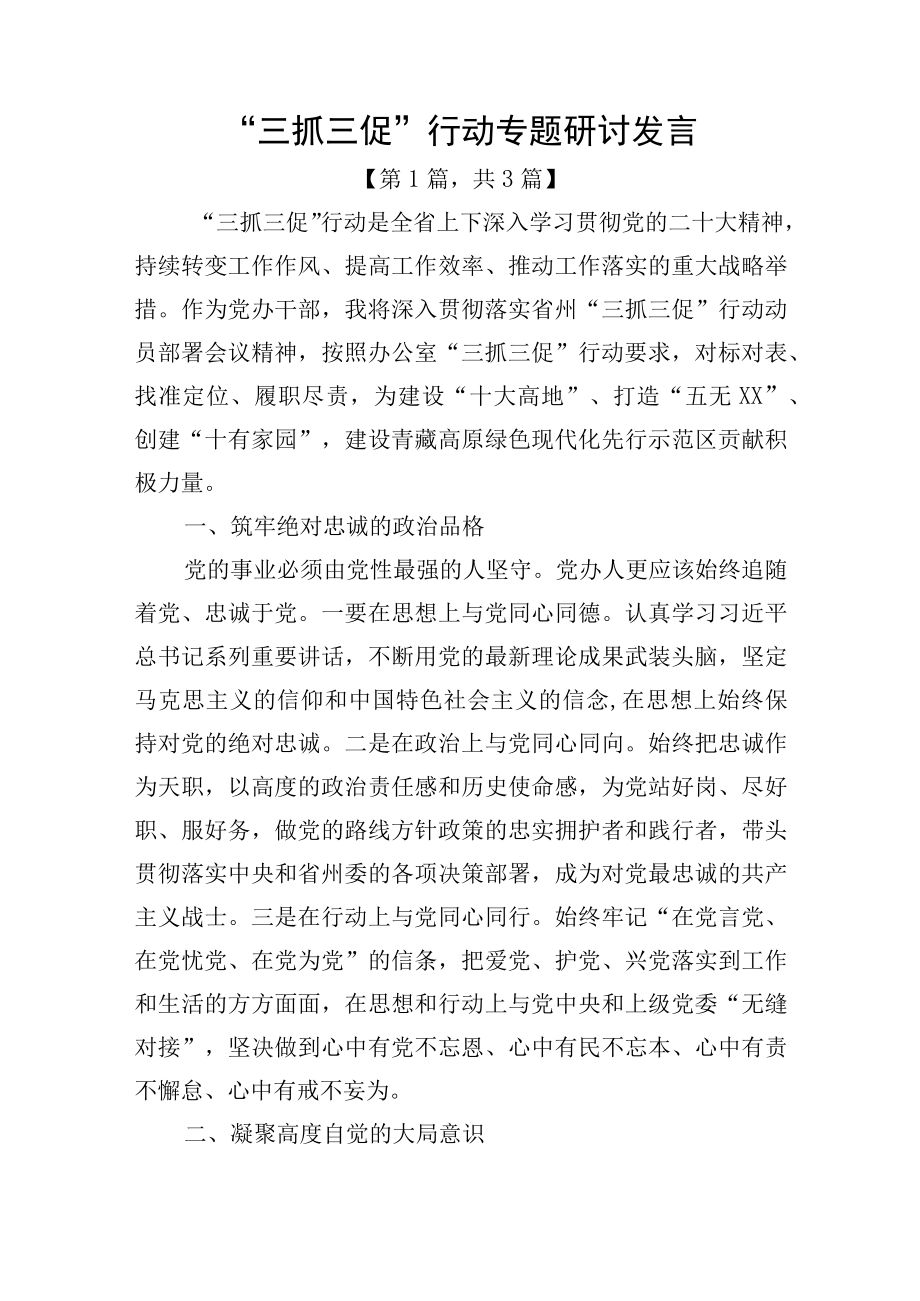 三抓三促行动专题研讨发言材料精选共3篇.docx_第1页