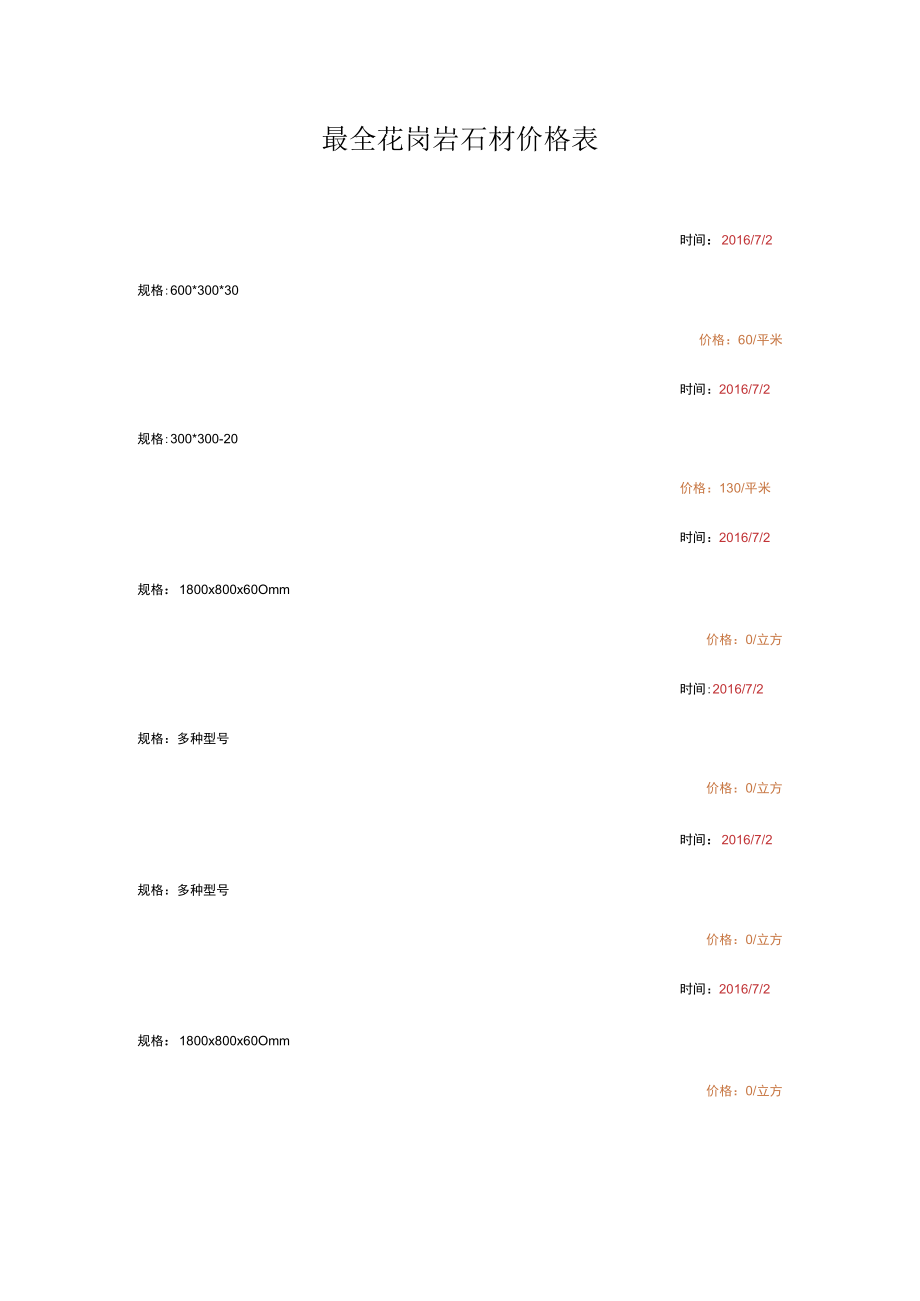 最全花岗岩石材价格表.docx_第1页