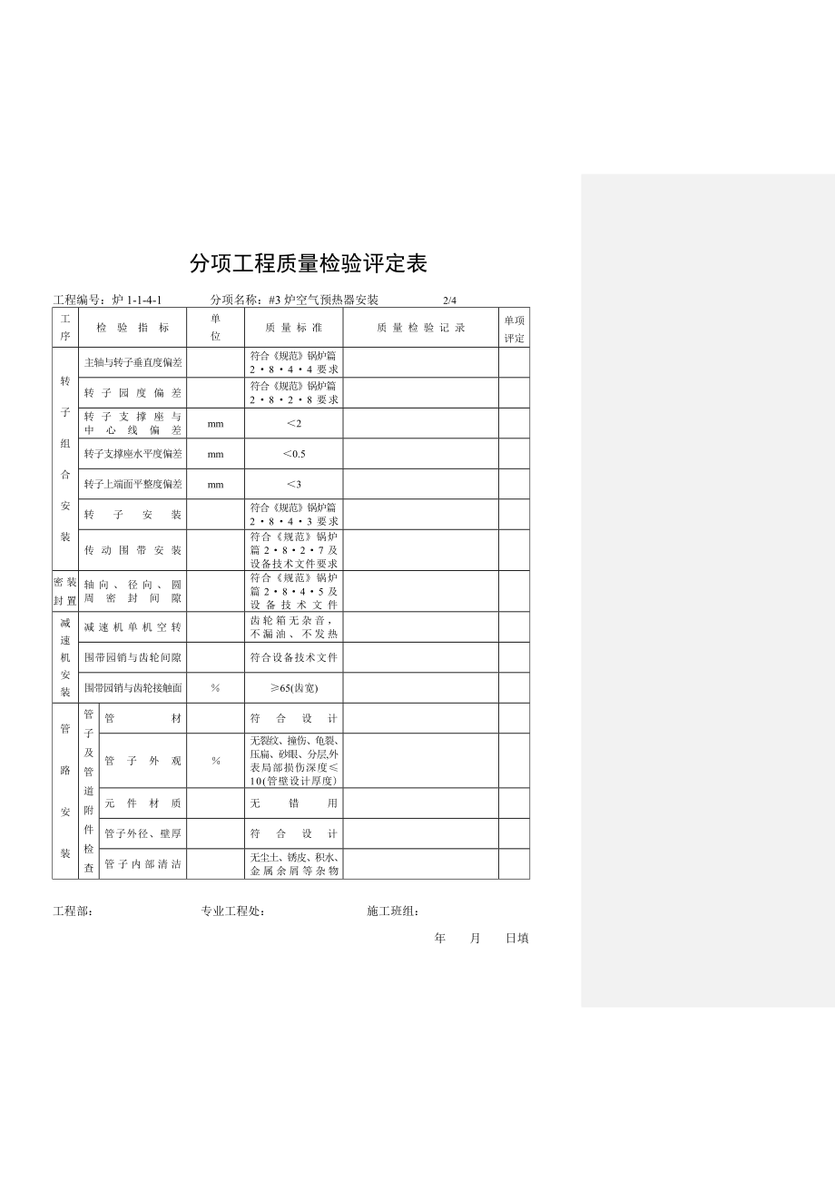 分项工程质量检验评定表-空气预热器安装.doc_第2页