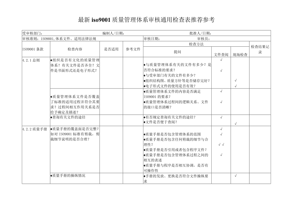 最新iso9001质量管理体系审核通用检查表推荐参考.docx_第1页