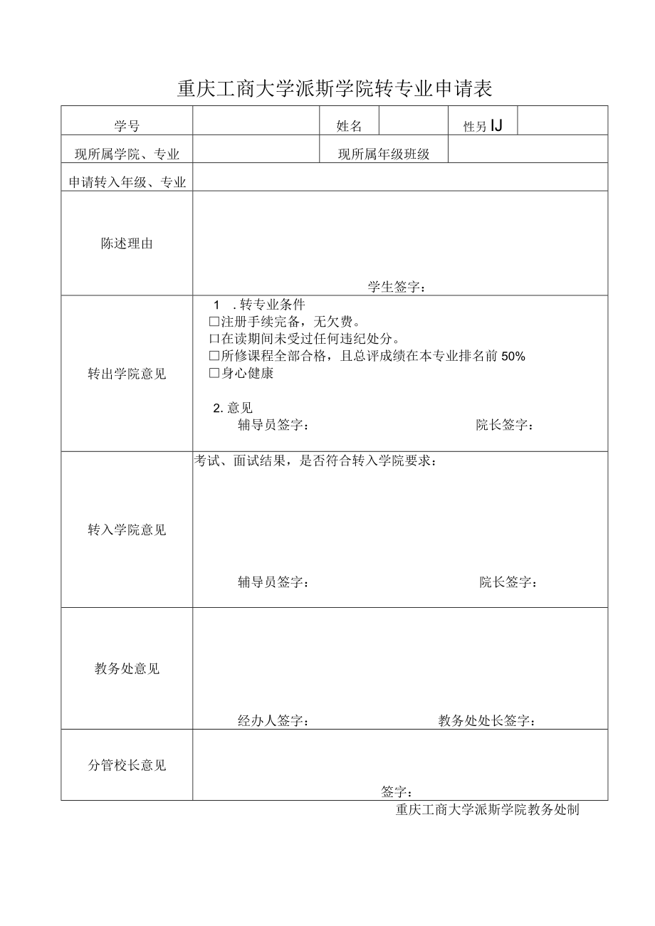 重庆工商大学派斯学院转专业申请表.docx_第1页