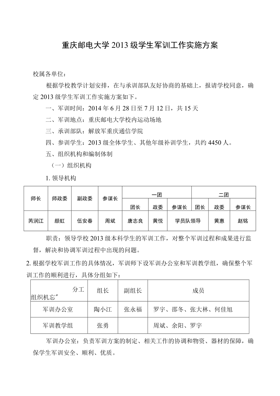 重庆邮电大学2013级学生军训工作实施方案.docx_第1页