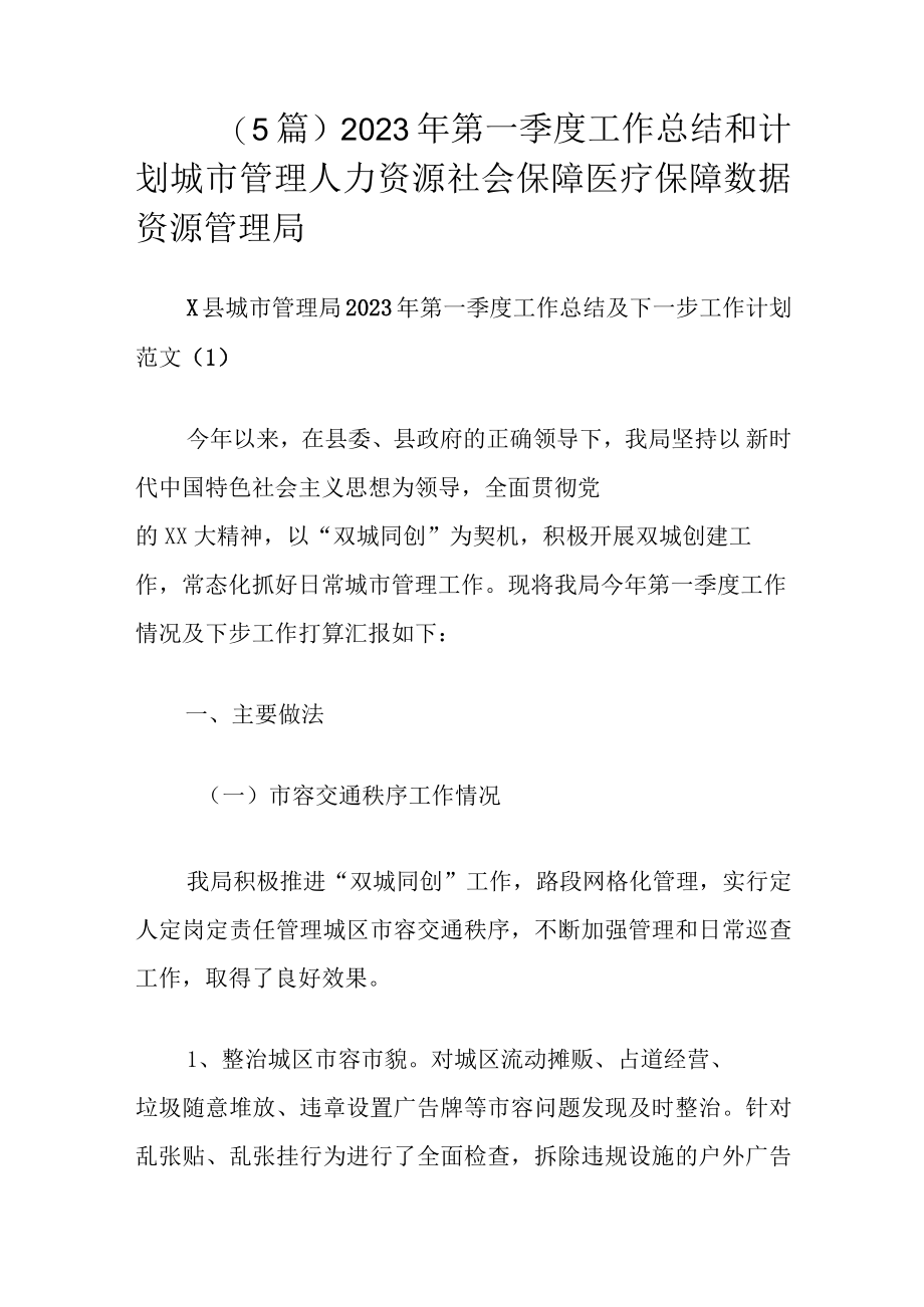 （5篇）2023年第一季度工作总结和计划城市管理人力资源社会保障医疗保障数据资源管理局.docx_第1页