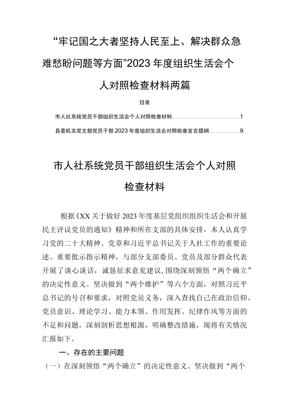 牢记国之大者坚持人民至上解决群众急难愁盼问题等方面2023年度个人对照检查材料两篇.docx_第1页