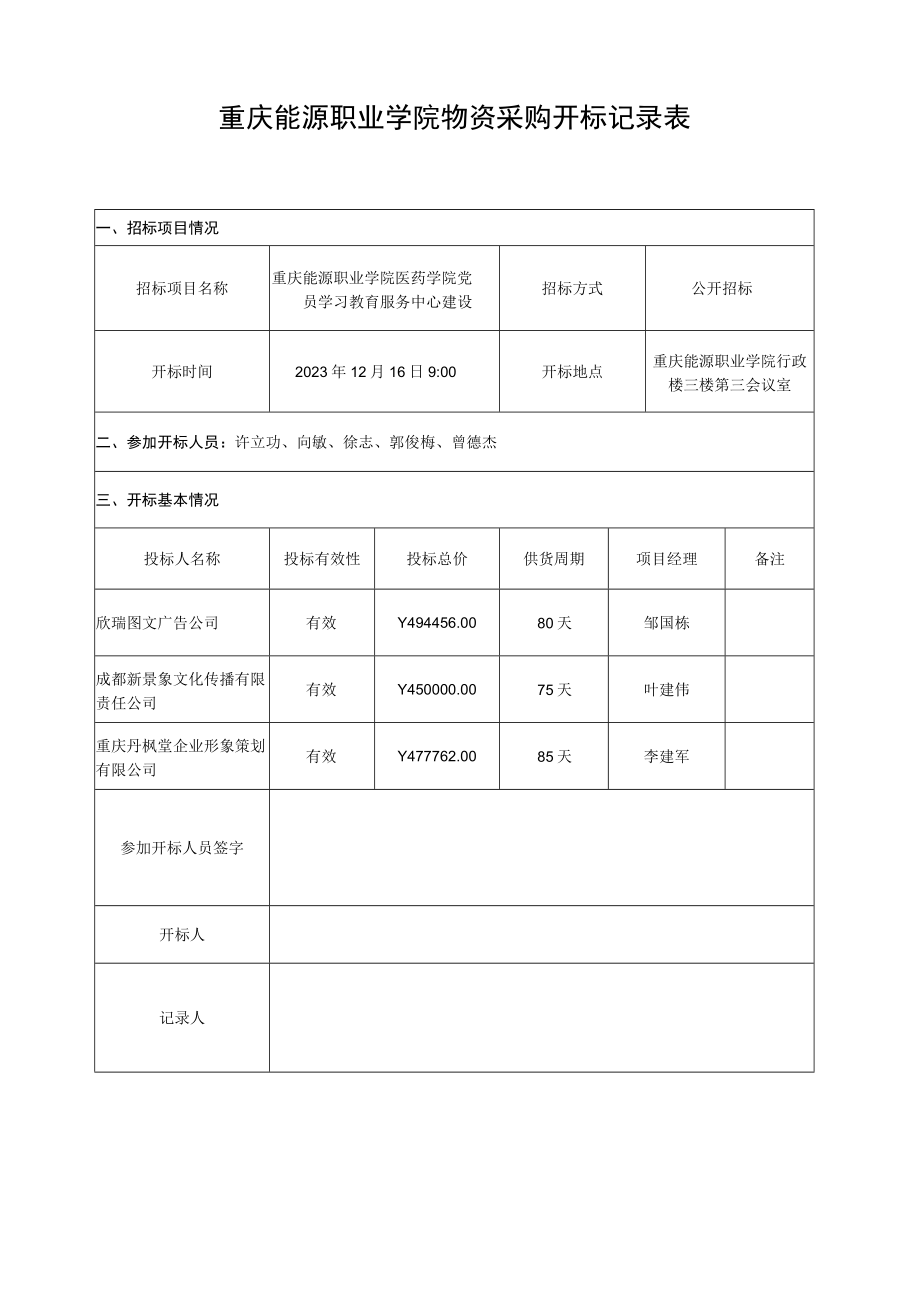 重庆能源职业学院物资采购开标记录表.docx_第1页