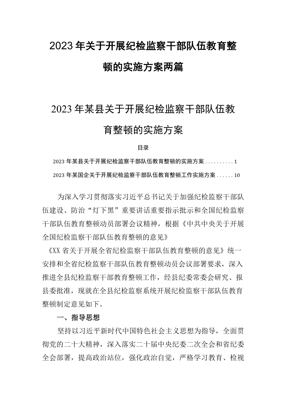 2023年关于开展纪检监察干部队伍教育整顿的实施方案两篇.docx_第1页