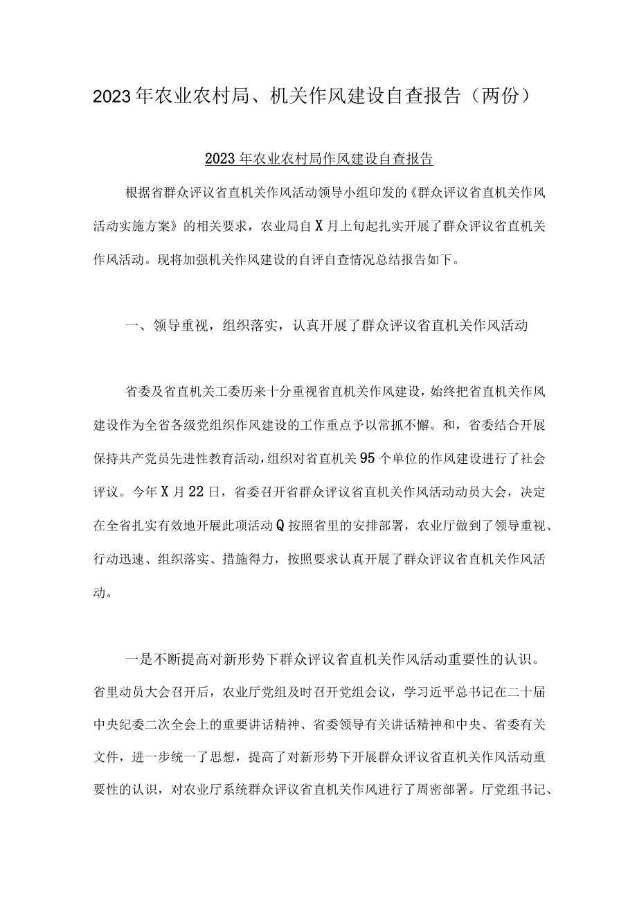 2023年农业农村局机关作风建设自查报告（两份）.docx_第1页