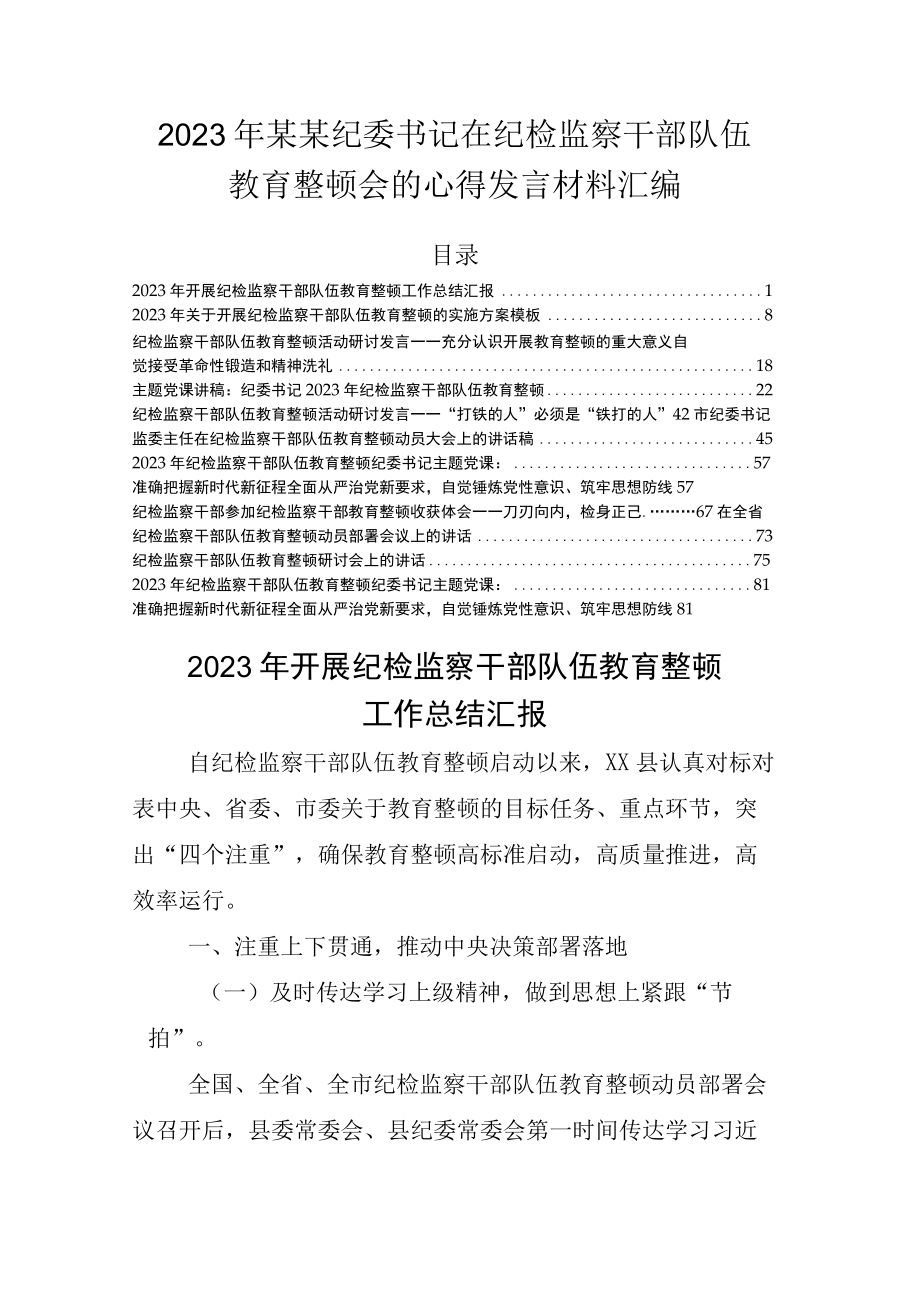 2023年某某纪委书记在纪检监察干部队伍教育整顿会的心得发言材料汇编.docx_第1页