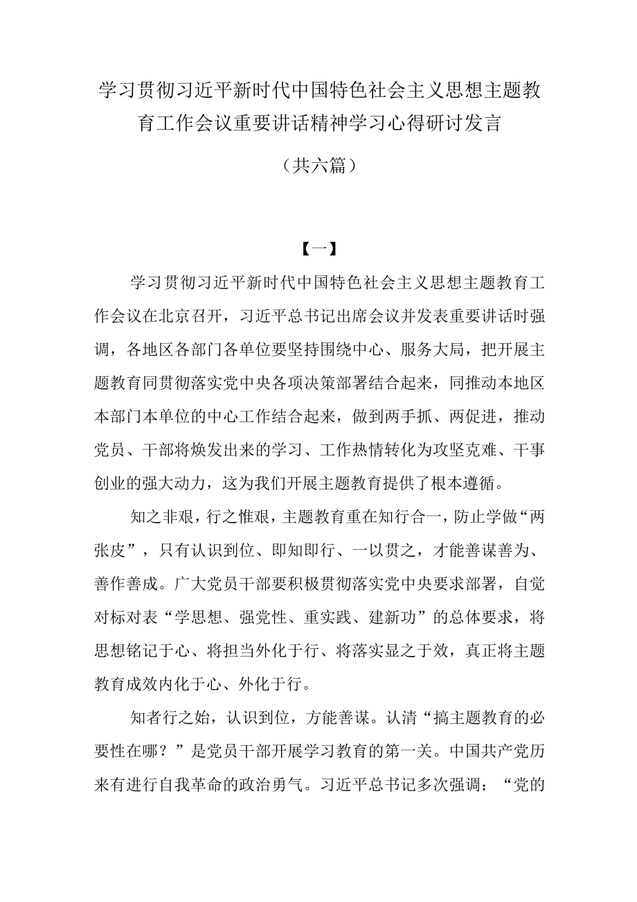 2023主题教育工作会议重要讲话精神学习心得研讨发言共六篇.docx_第1页