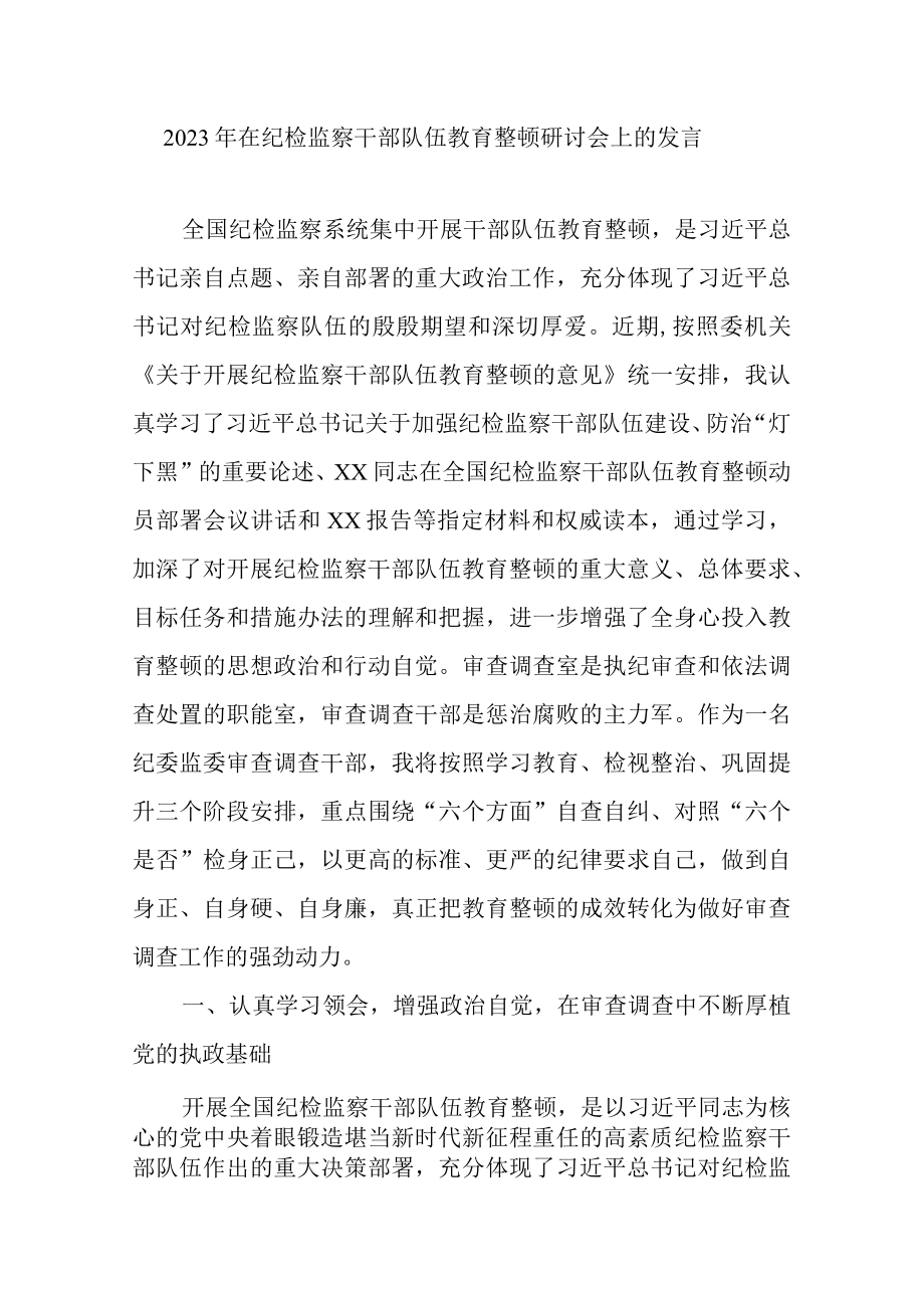 2023年在纪检监察干部队伍教育整顿研讨会上的发言.docx_第1页