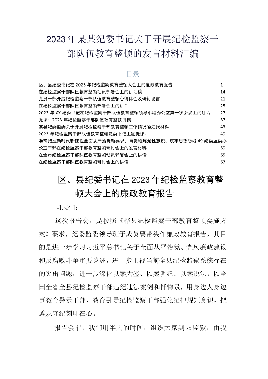 2023年某某纪委书记关于开展纪检监察干部队伍教育整顿的发言材料汇编.docx_第1页