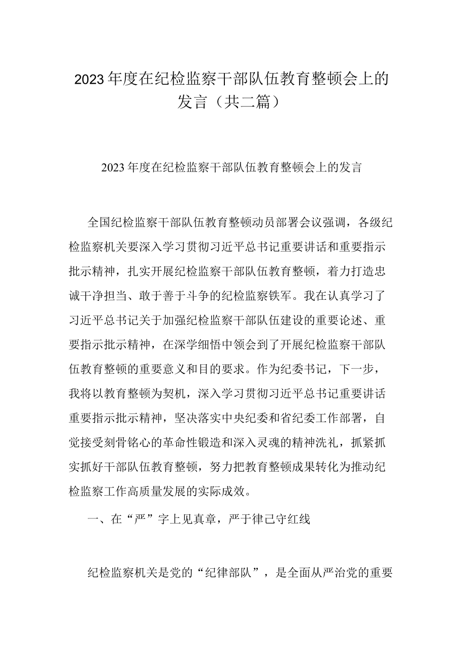 2023年度在纪检监察干部队伍教育整顿会上的发言(共二篇).docx_第1页