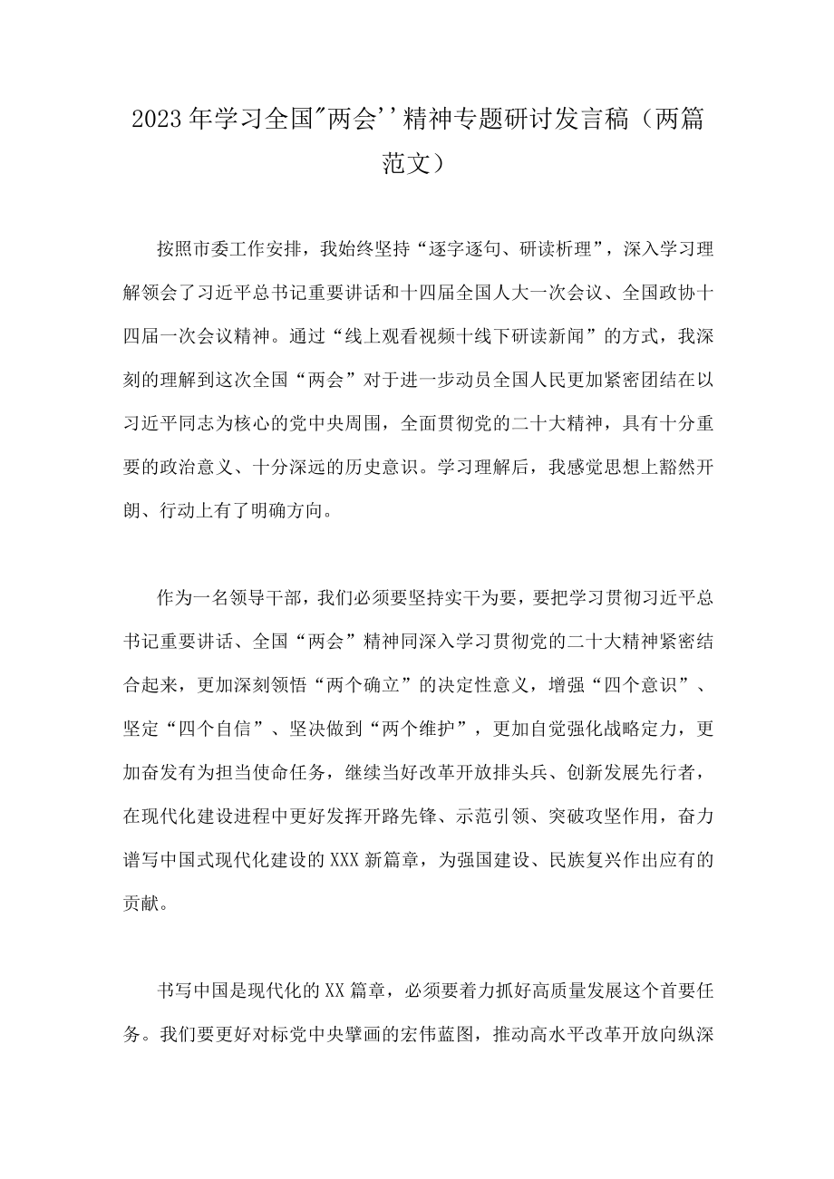 2023年学习全国两会精神专题研讨发言稿（两篇范文）.docx_第1页