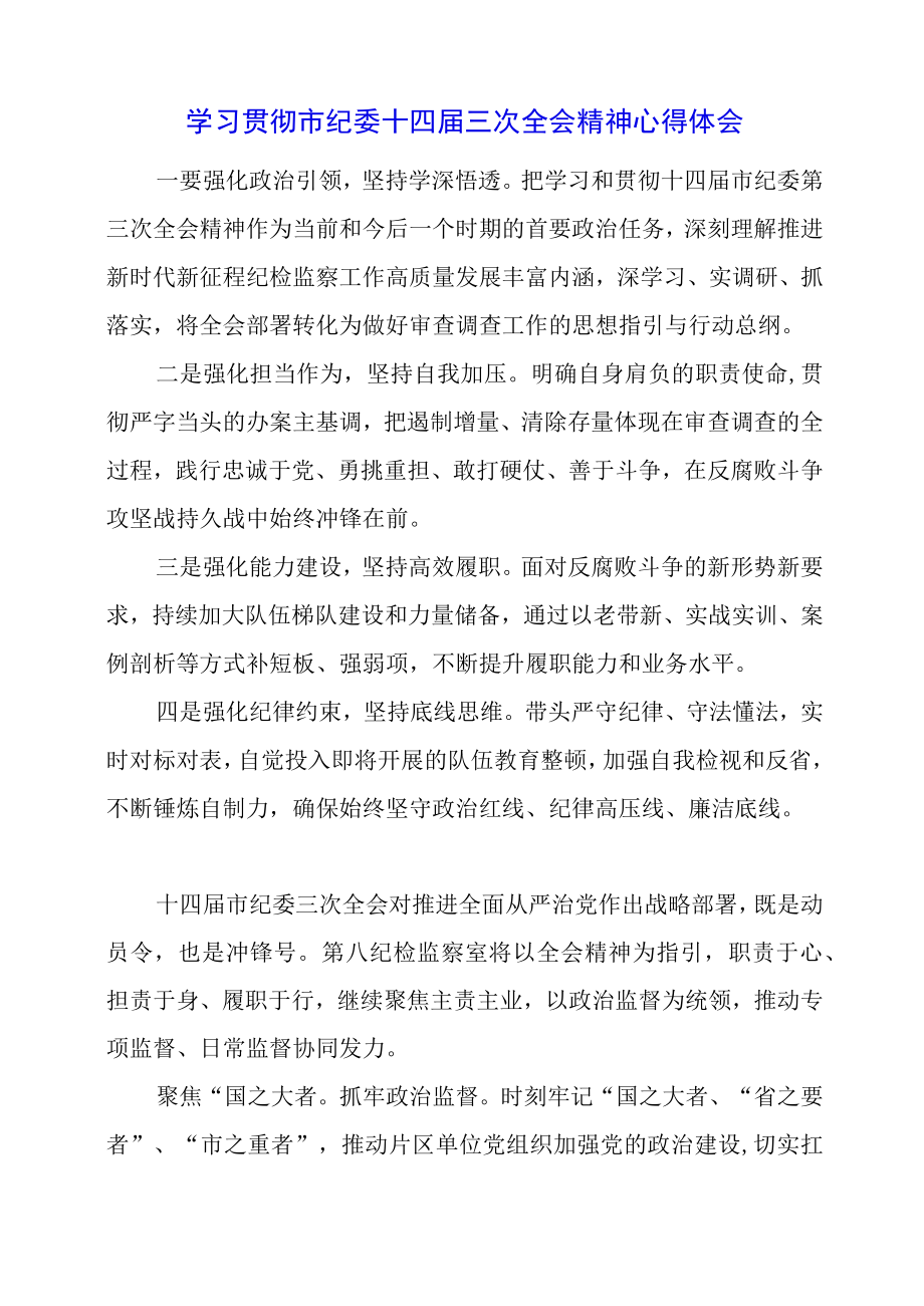 2023年学习贯彻市纪委十四届三次全会精神心得体会.docx_第1页