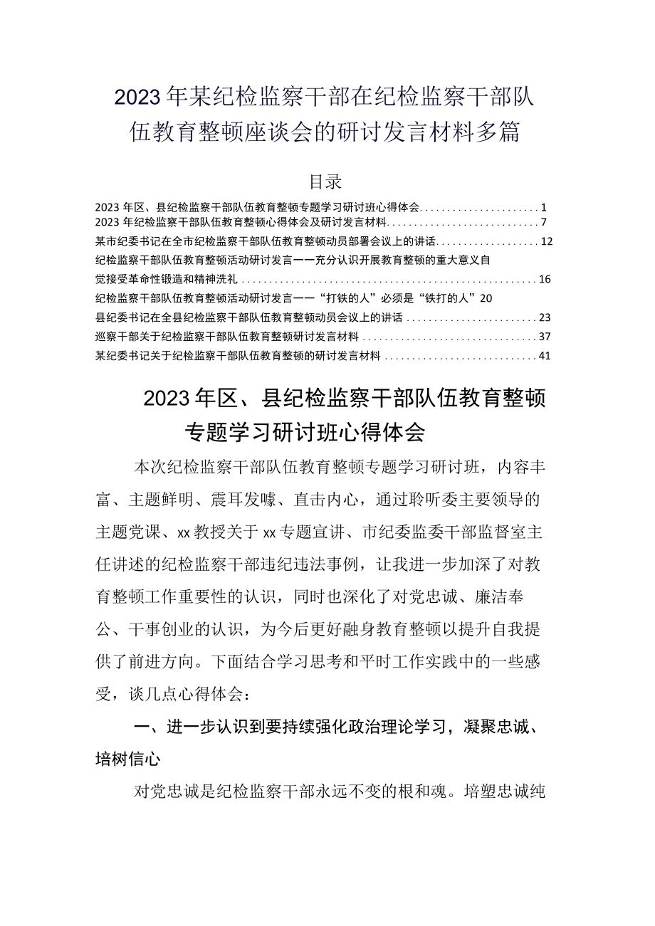 2023年某纪检监察干部在纪检监察干部队伍教育整顿座谈会的研讨发言材料多篇.docx_第1页