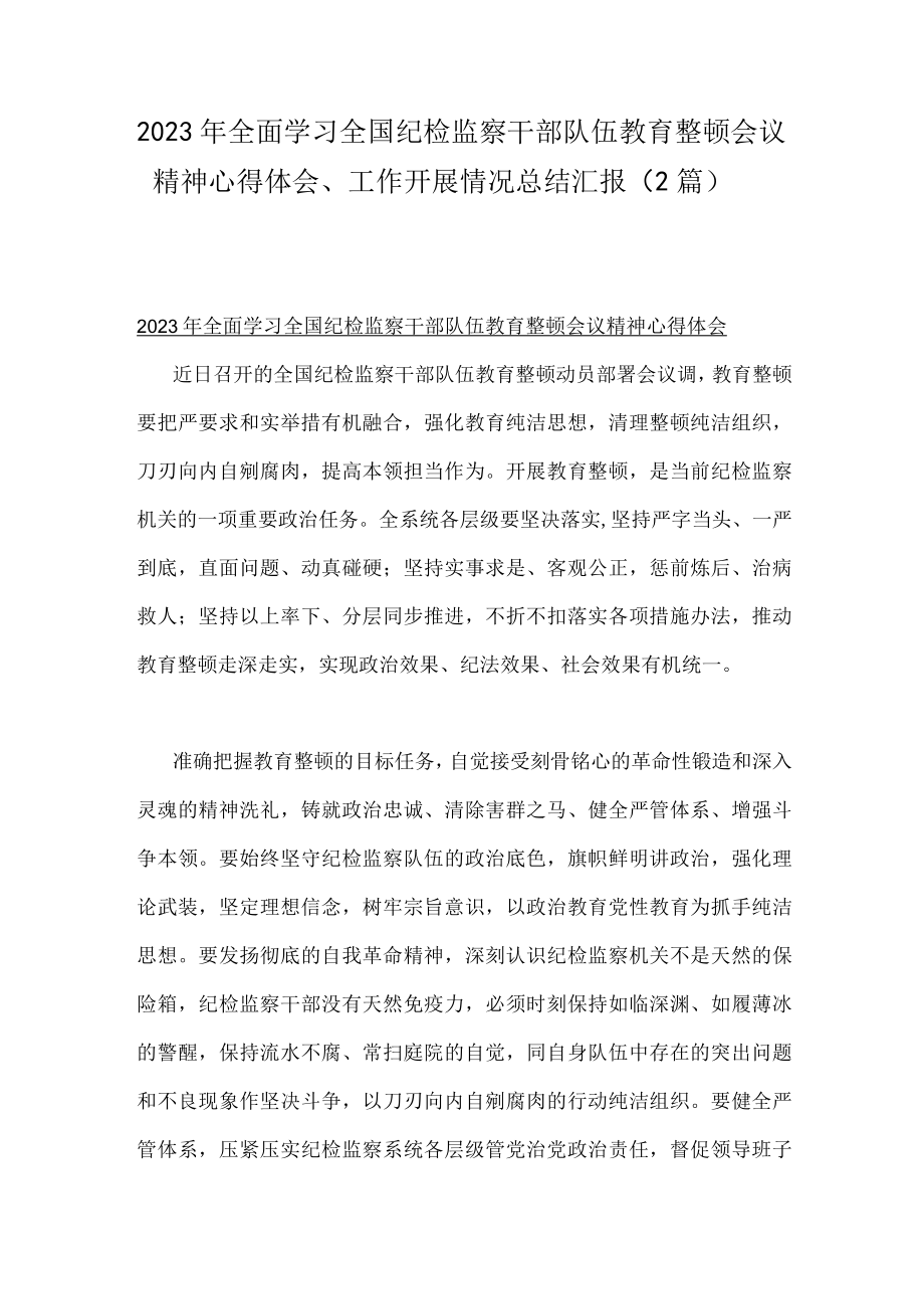 2023年全面学习全国纪检监察干部队伍教育整顿会议精神心得体会工作开展情况总结汇报（2篇）.docx_第1页