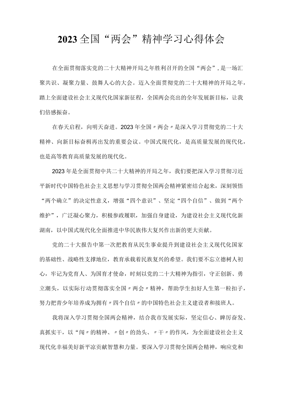 2023全国两会精神学习心得体会.docx_第1页