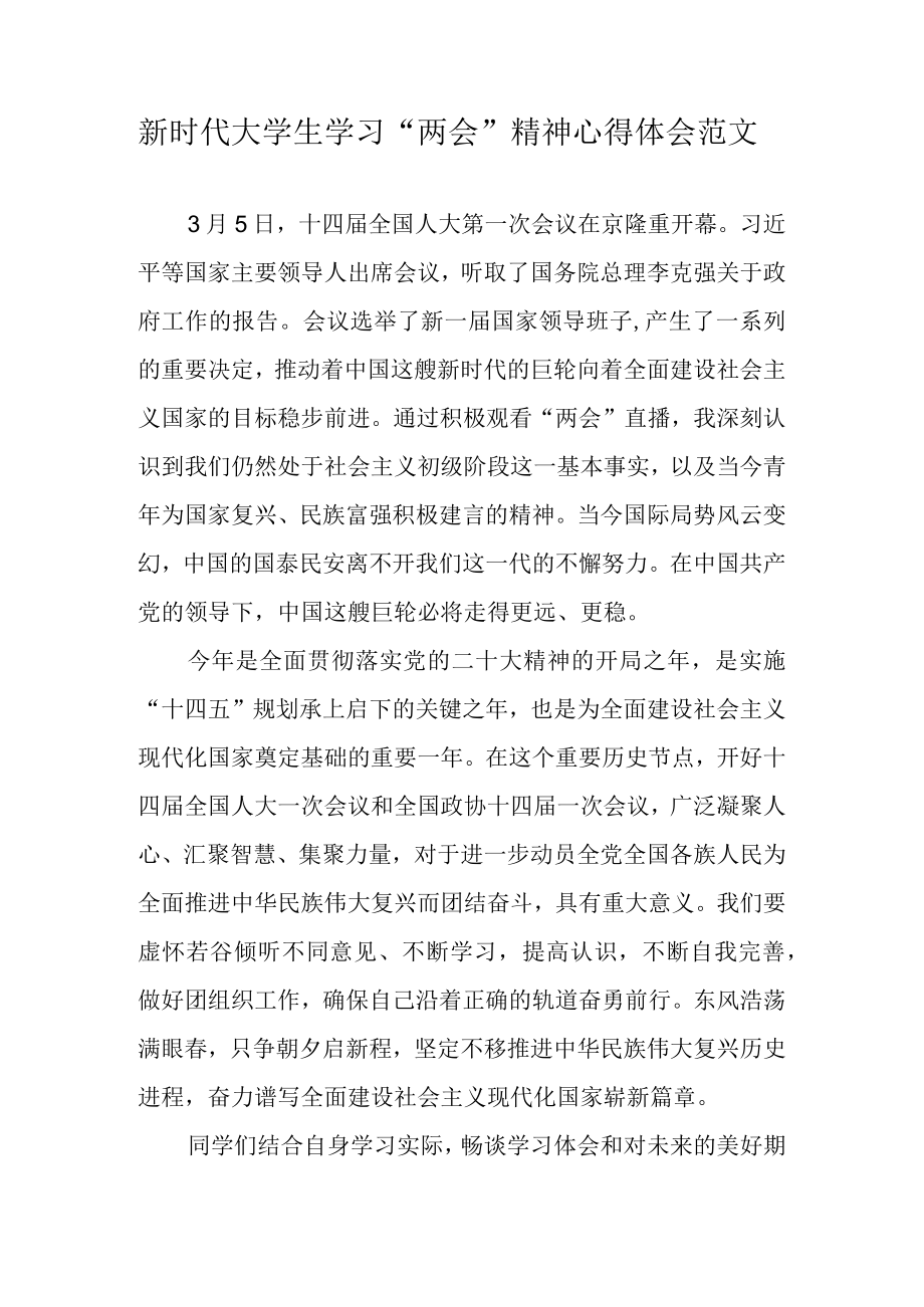 2023年新时代大学生学习两会精神心得体会范文.docx_第1页