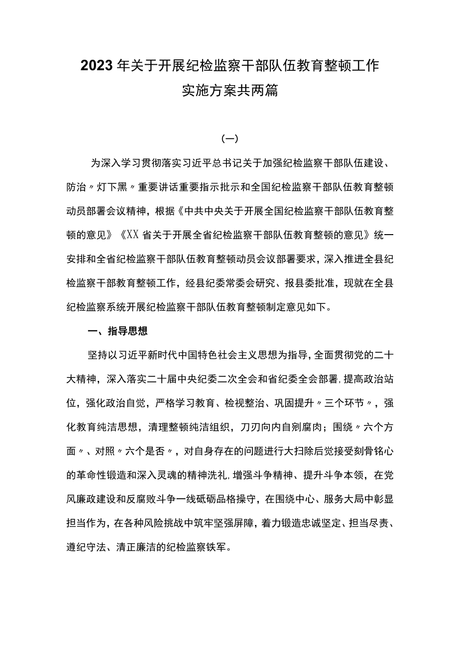 2023年关于开展纪检监察干部队伍教育整顿工作实施方案共两篇.docx_第1页