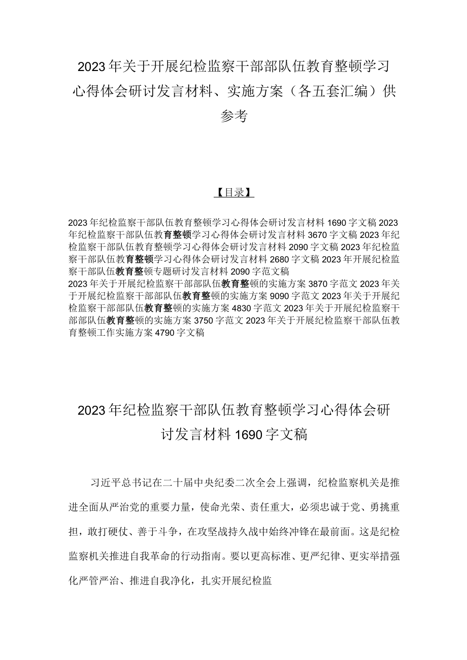 2023年关于开展纪检监察干部部队伍教育整顿学习心得体会研讨发言材料实施方案（各五套汇编）供参考.docx_第1页