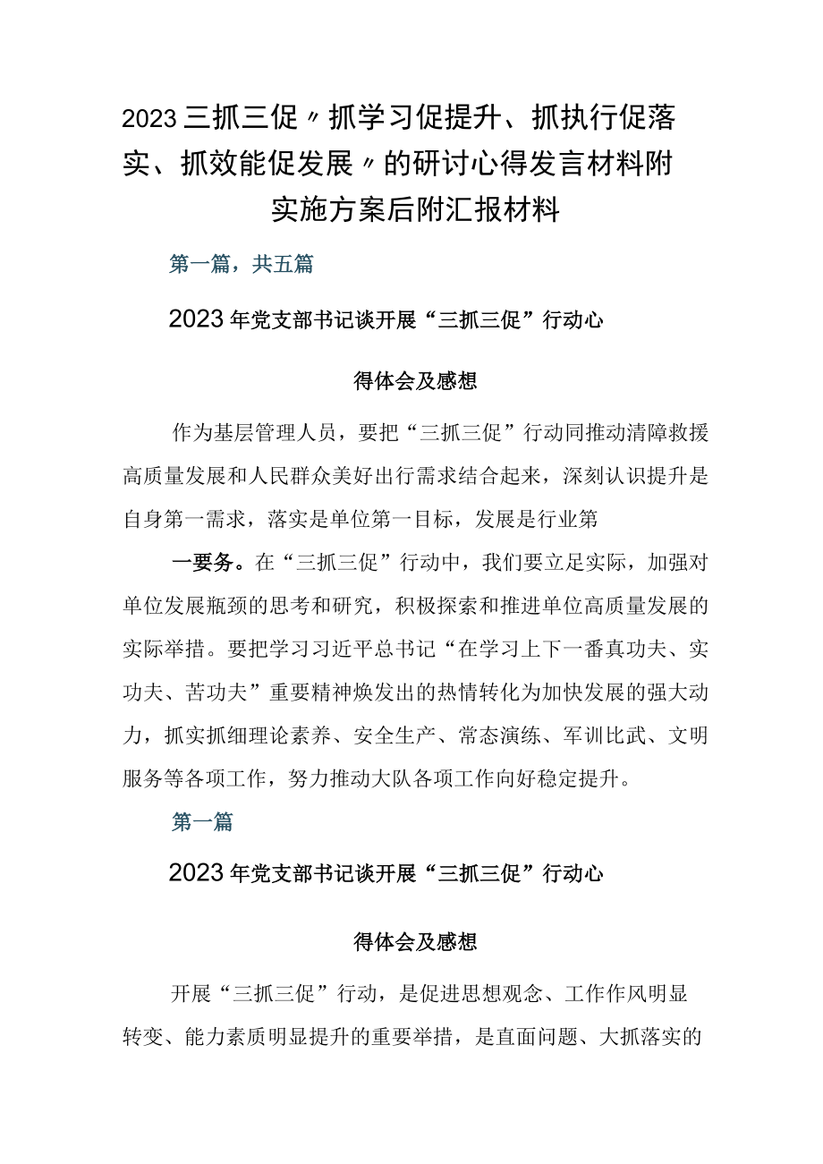 2023三抓三促抓学习促提升抓执行促落实抓效能促发展的研讨心得发言材料附实施方案后附汇报材料.docx_第1页