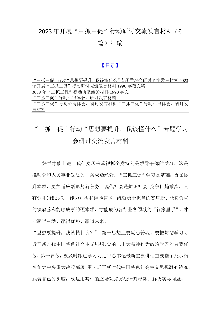 2023年开展三抓三促行动研讨交流发言材料（6篇）汇编.docx_第1页