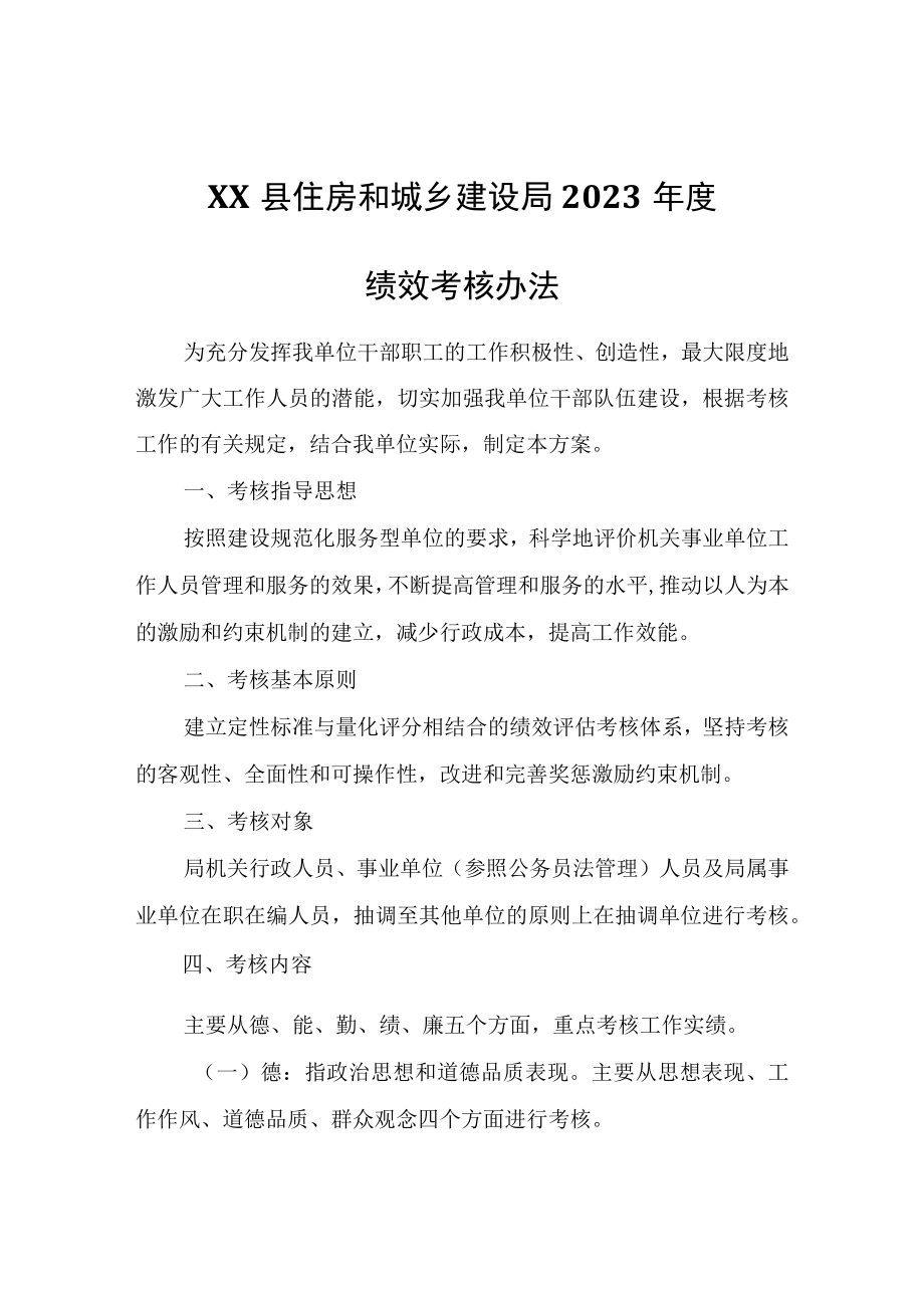 XX县住房和城乡建设局2023年度绩效考核办法.docx_第1页