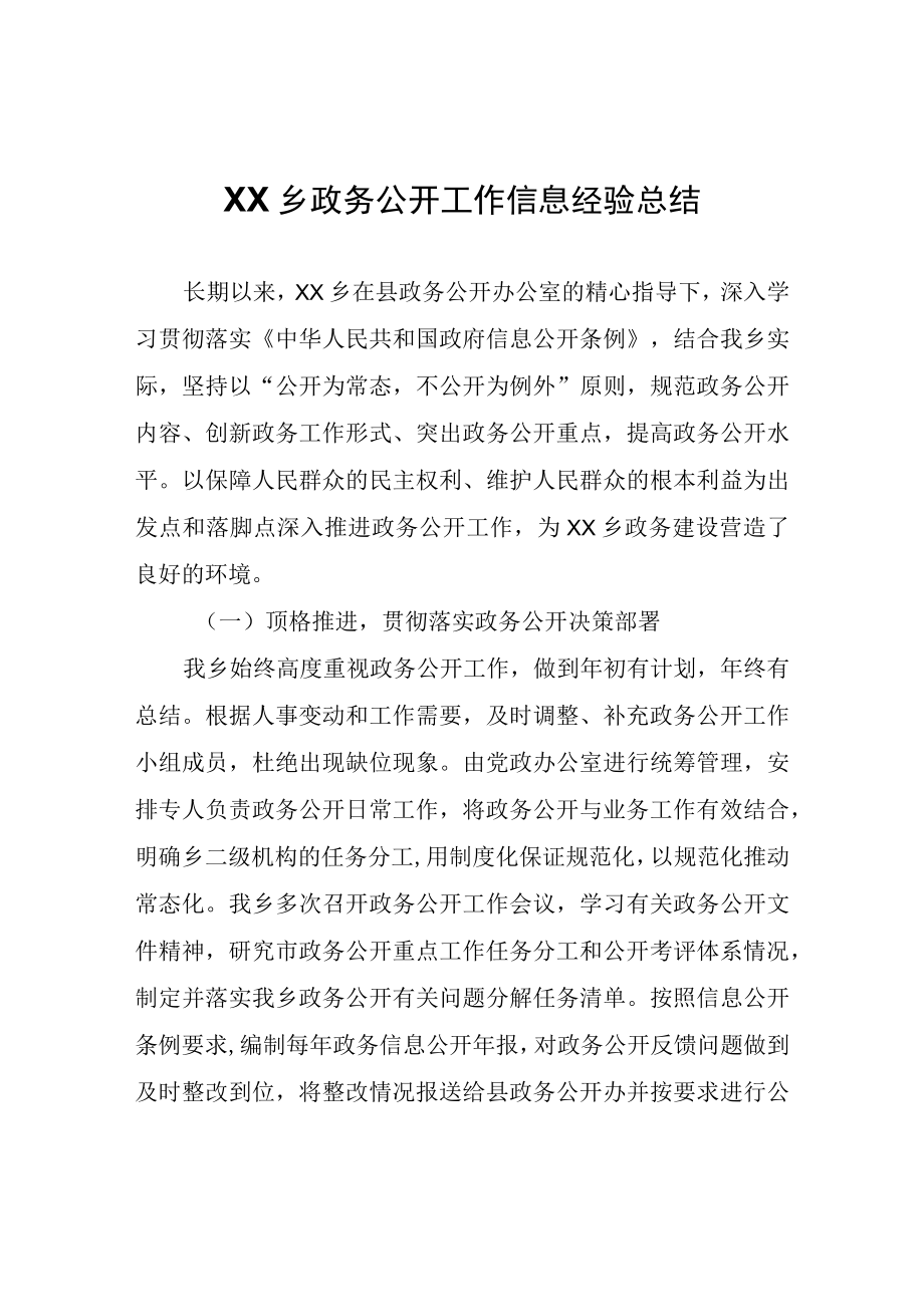 XX乡政务公开工作信息经验总结.docx_第1页