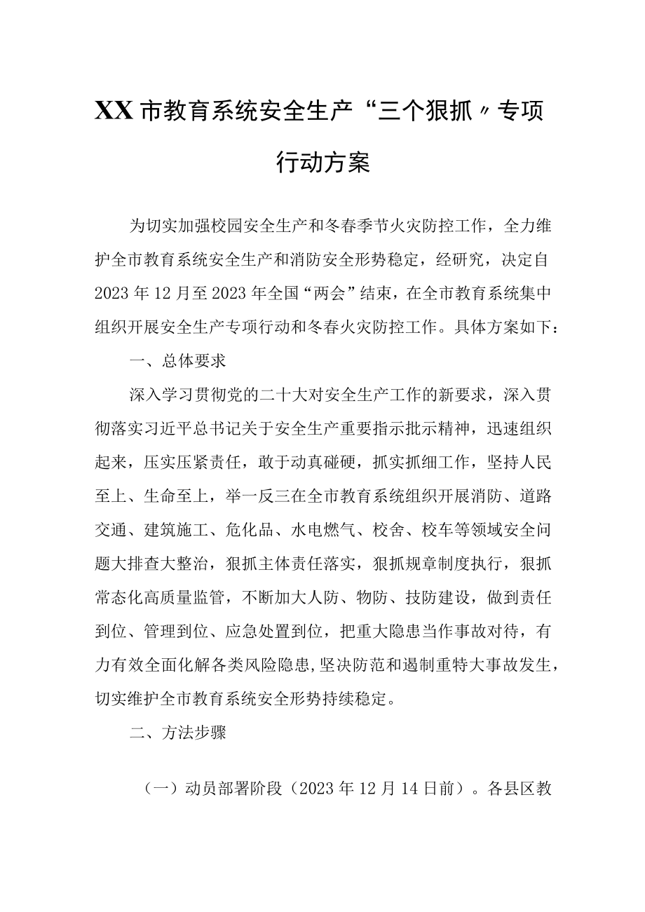 XX市教育系统安全生产三个狠抓专项行动方案.docx_第1页