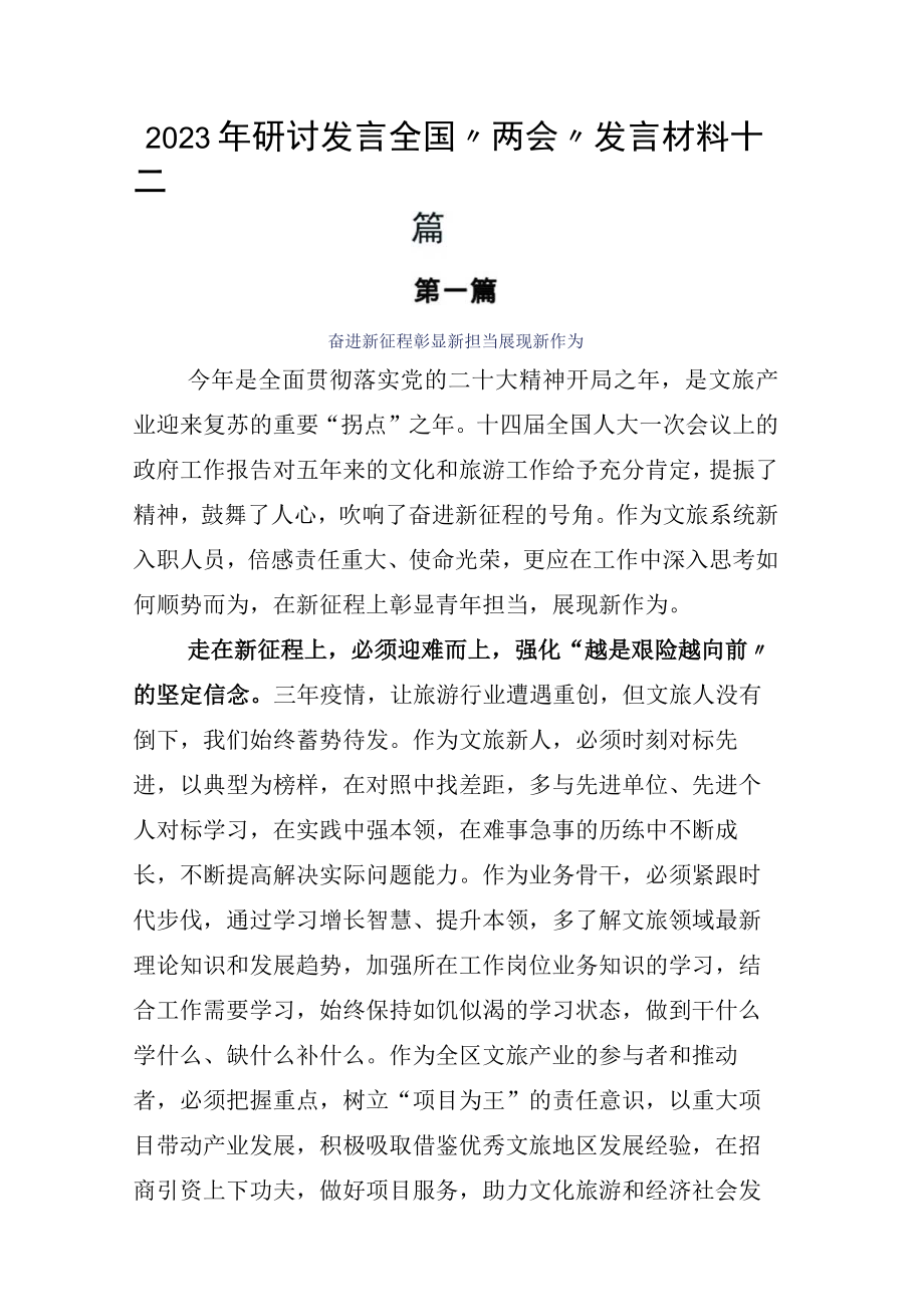 2023年研讨发言全国两会发言材料十二篇.docx_第1页