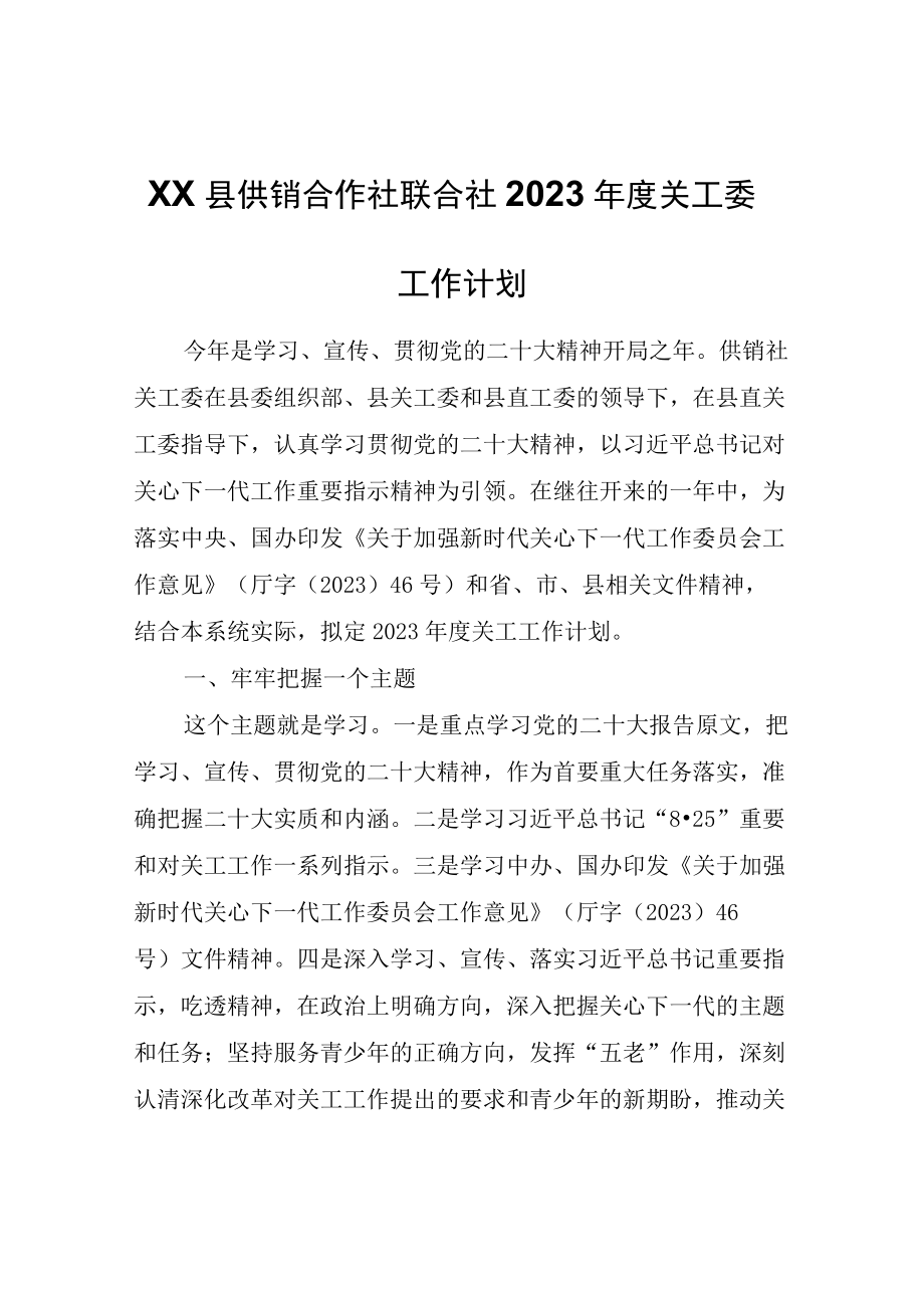 XX县供销合作社联合社2023年度关工委工作计划.docx_第1页