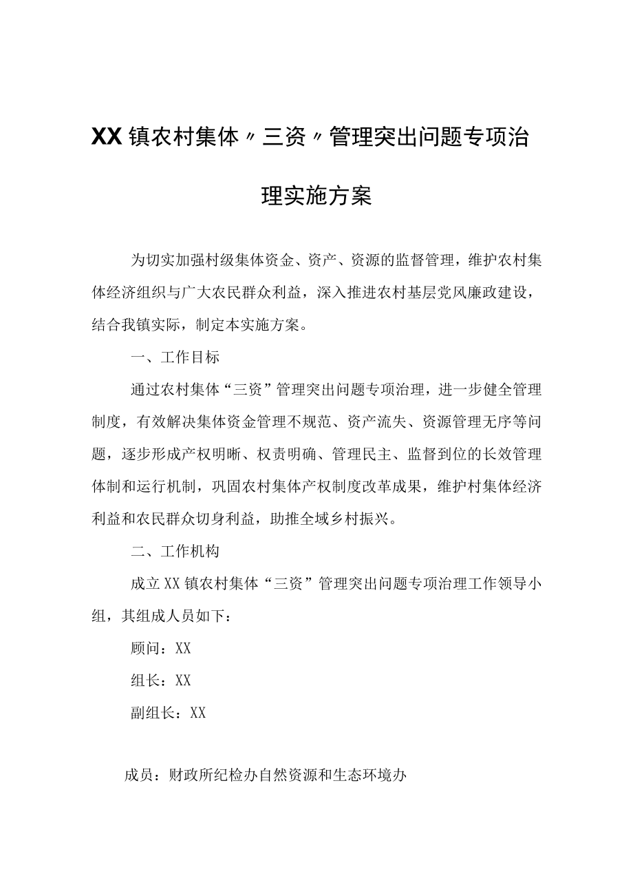 XX镇农村集体三资管理突出问题专项治理实施方案.docx_第1页