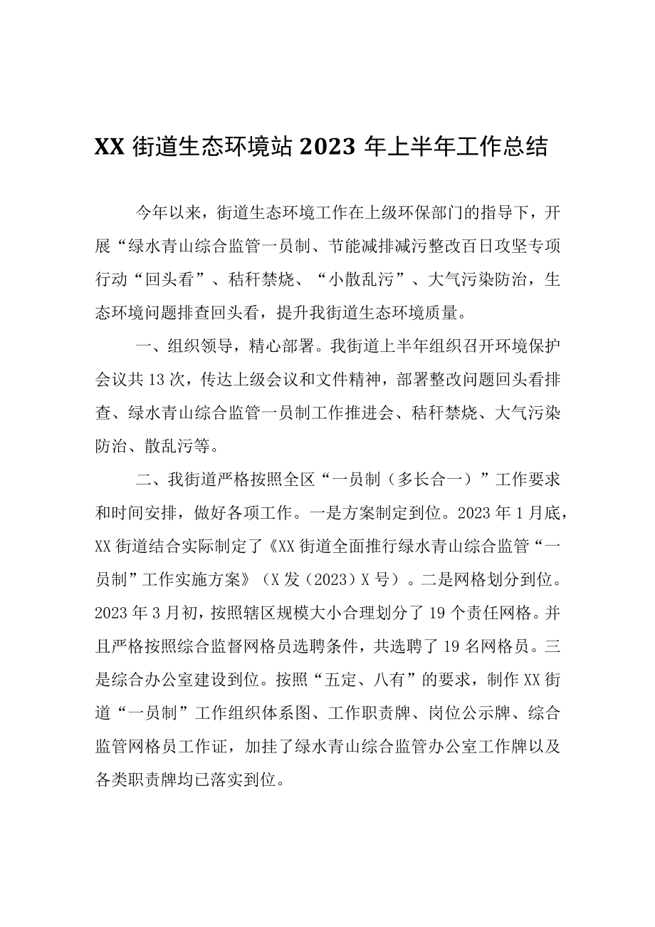 XX街道生态环境站2023年上半年工作总结.docx_第1页