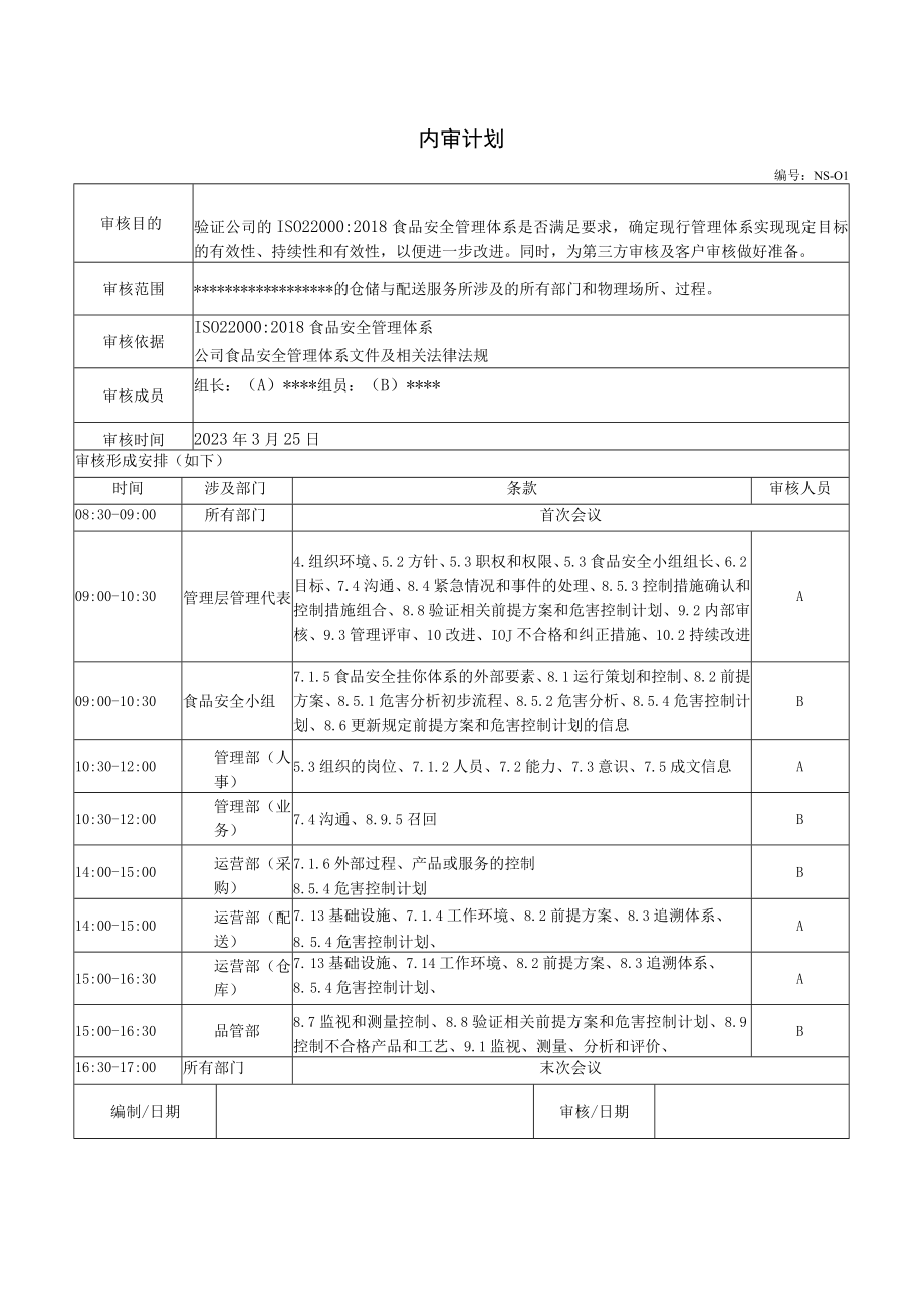 ISO220002018全套完整内部审核记录(包括审核+签到表+检查表+不符合项报告+内审报告).docx_第3页