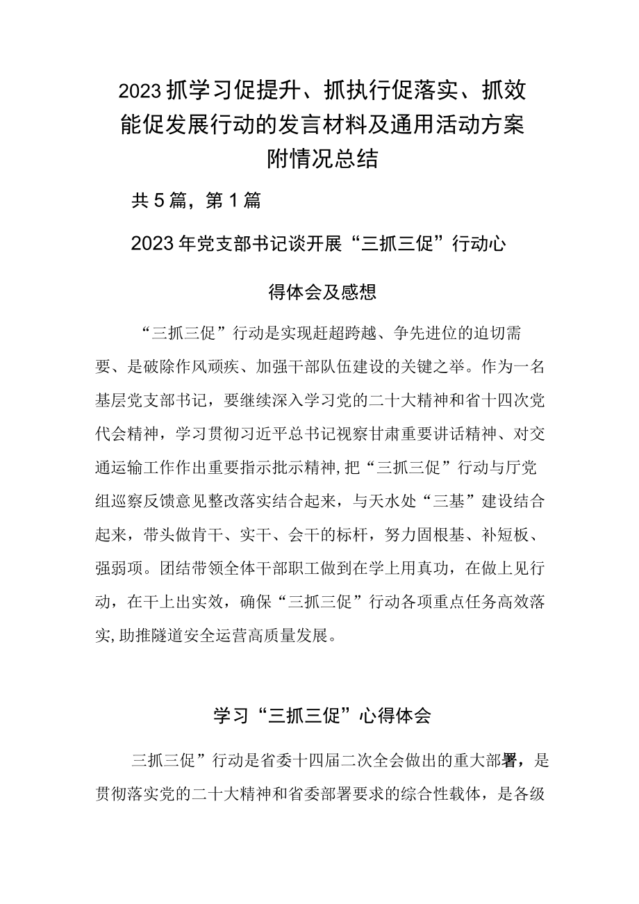 2023抓学习促提升抓执行促落实抓效能促发展行动的发言材料及通用活动方案附情况总结.docx_第1页