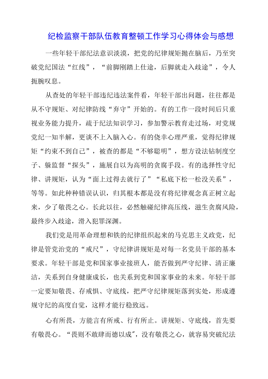 2023年纪检监察干部队伍教育整顿工作学习心得体会与感想.docx_第1页