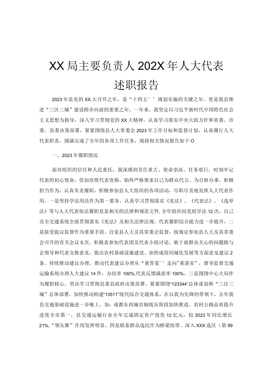 XX局主要负责人202X年人大代表述职报告.docx_第1页