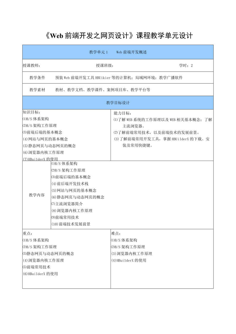 Web前端开发之网页设计 教案 单元1 Web前端开发概述.docx_第1页