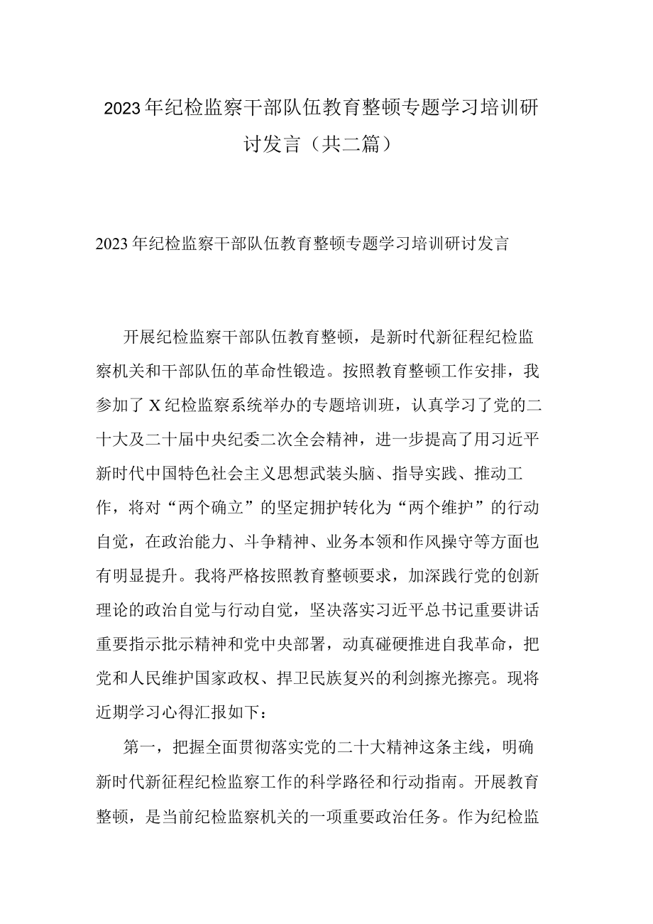 2023年纪检监察干部队伍教育整顿专题学习培训研讨发言(共二篇).docx_第1页