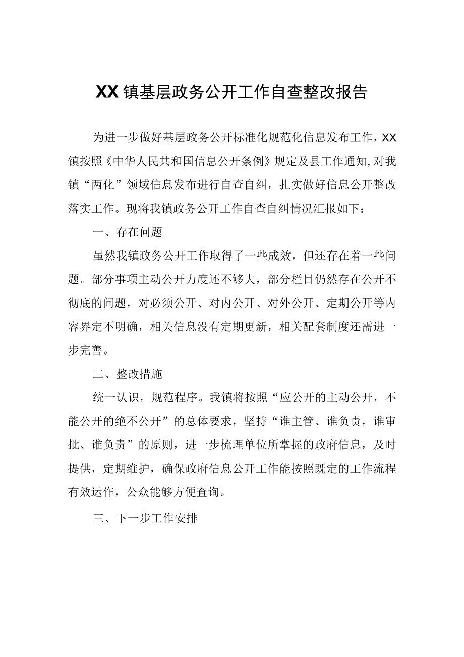 XX镇基层政务公开工作自查整改报告.docx_第1页