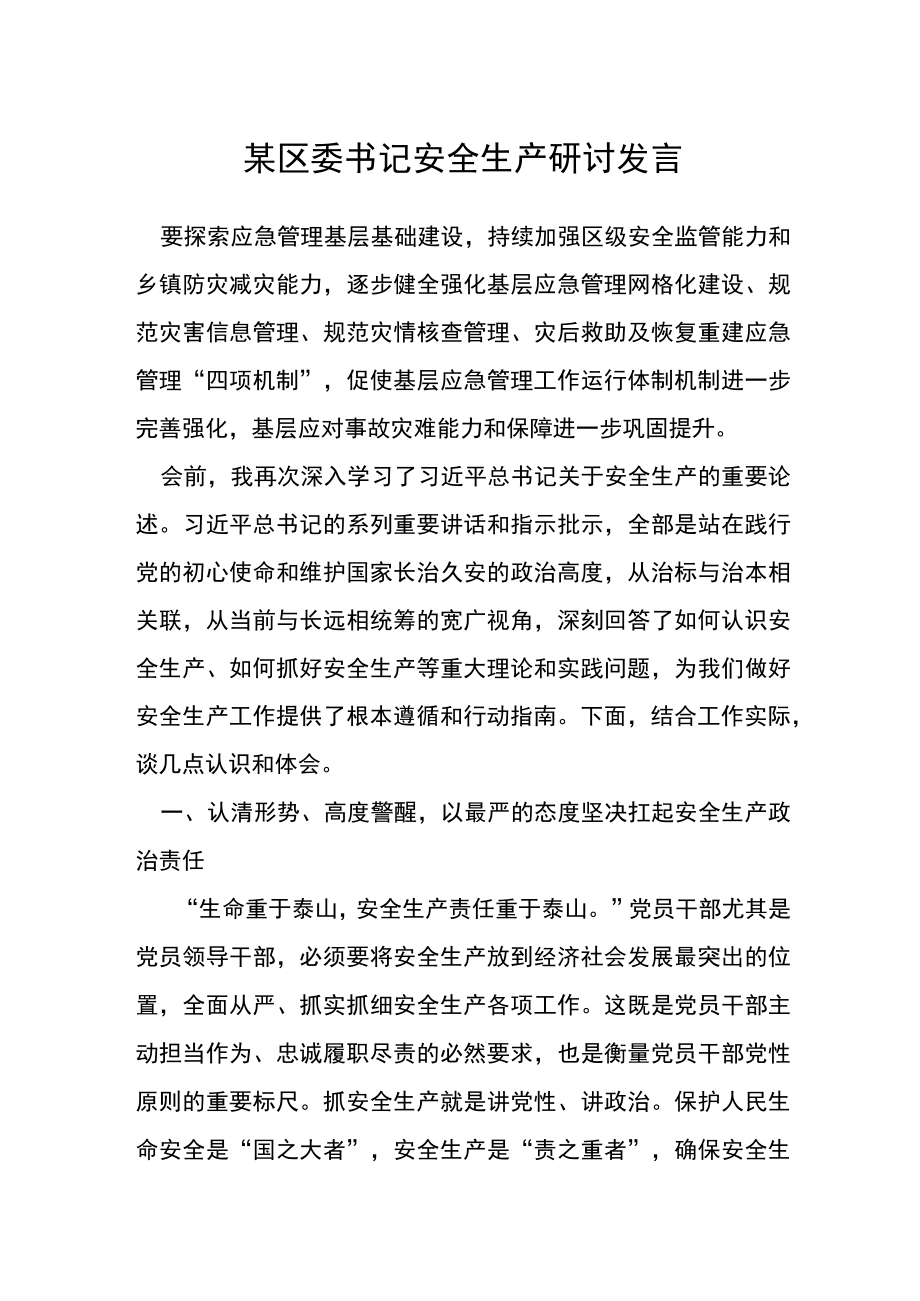 某区委书记安全生产研讨发言.docx_第1页