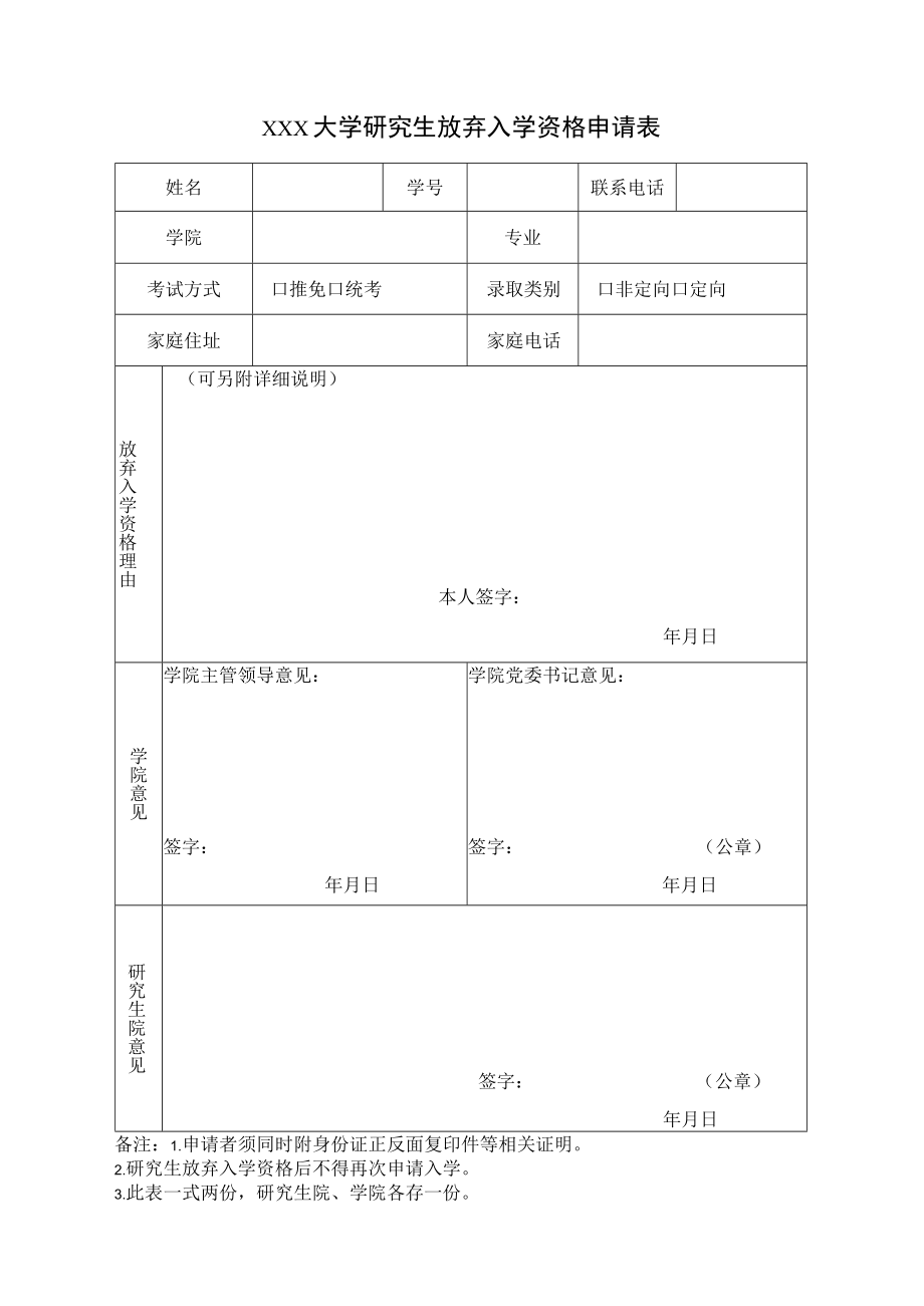 大学研究生放弃入学资格申请表.docx_第1页